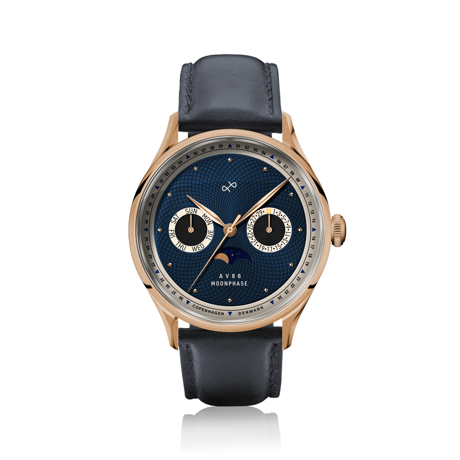1968 Moonphase, Rose Gold / Dark Blue by AV86 luxury moonphase watch with sapphire crystal, vintage dial, and leather strap