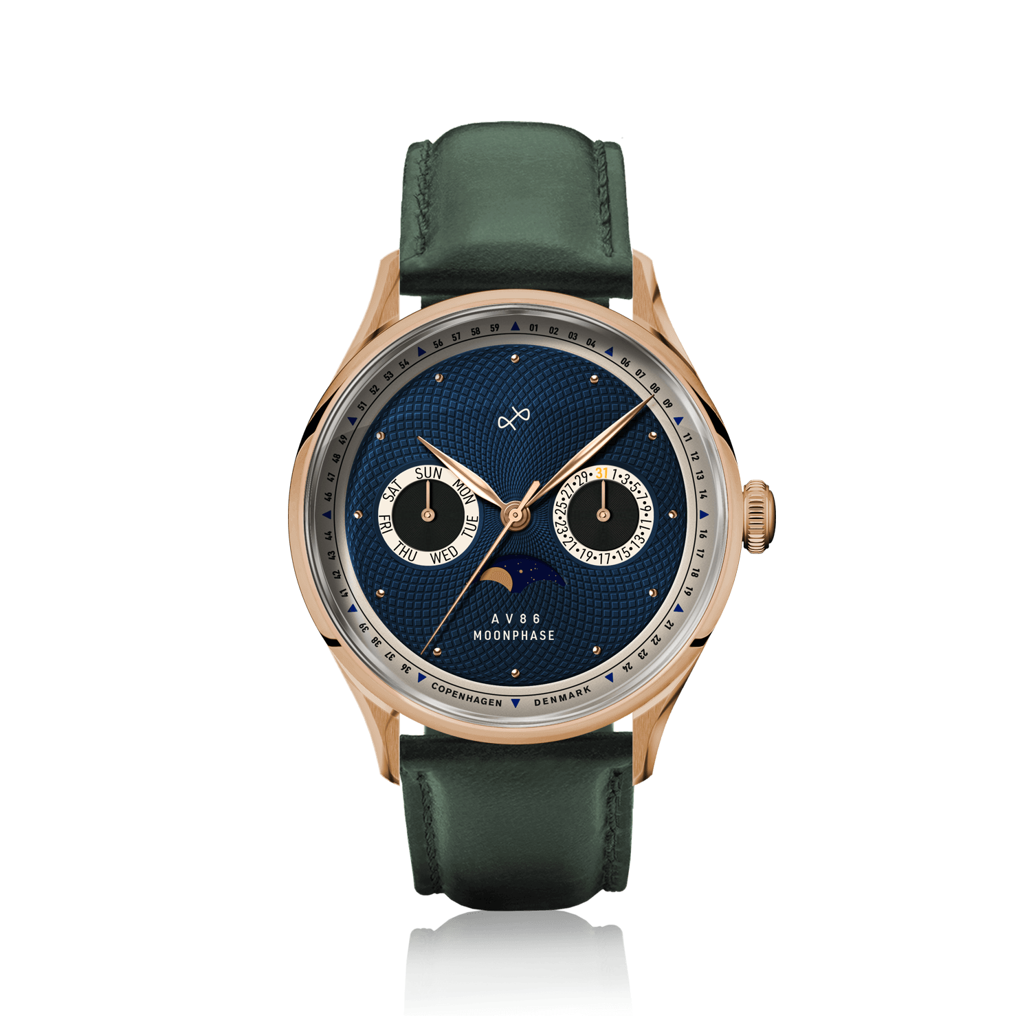 1968 Moonphase, Rose Gold / Dark Blue by AV86 luxury moonphase watch with sapphire crystal, vintage-inspired dial, and leather strap