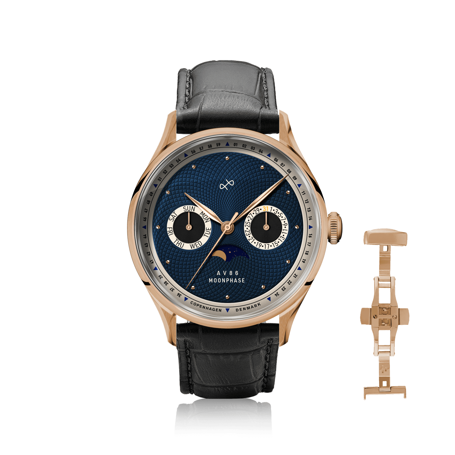 1968 Moonphase, Rose Gold / Dark Blue by AV86 luxury moonphase watch with sapphire crystal, textured dial, and leather strap