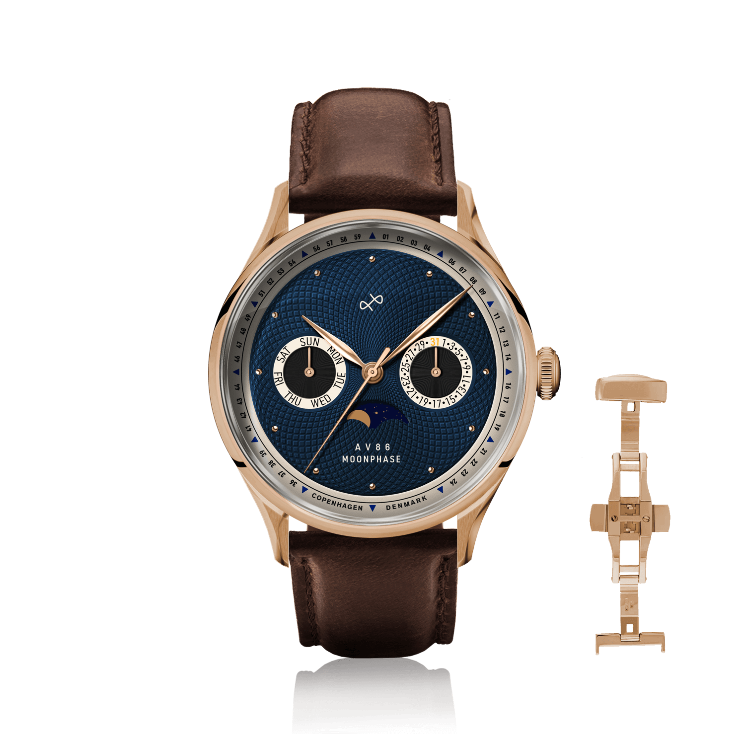 1968 Moonphase Moonphase watch by AV86 with sapphire crystal, moonphase dial, blue textured face, and brown leather strap