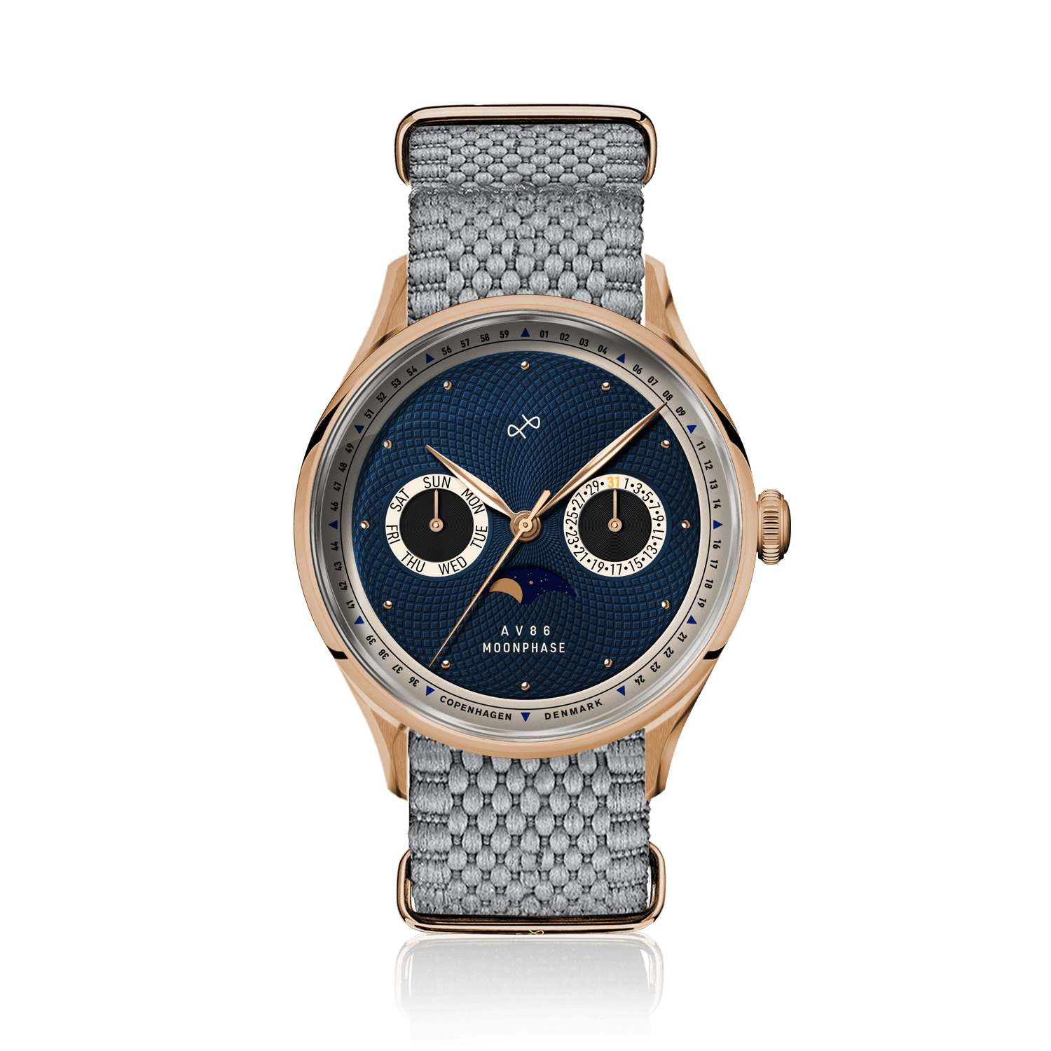 1968 Moonphase, Rose Gold / Dark Blue by AV86 luxury moonphase watch with sapphire crystal, textured dial, and woven fabric strap