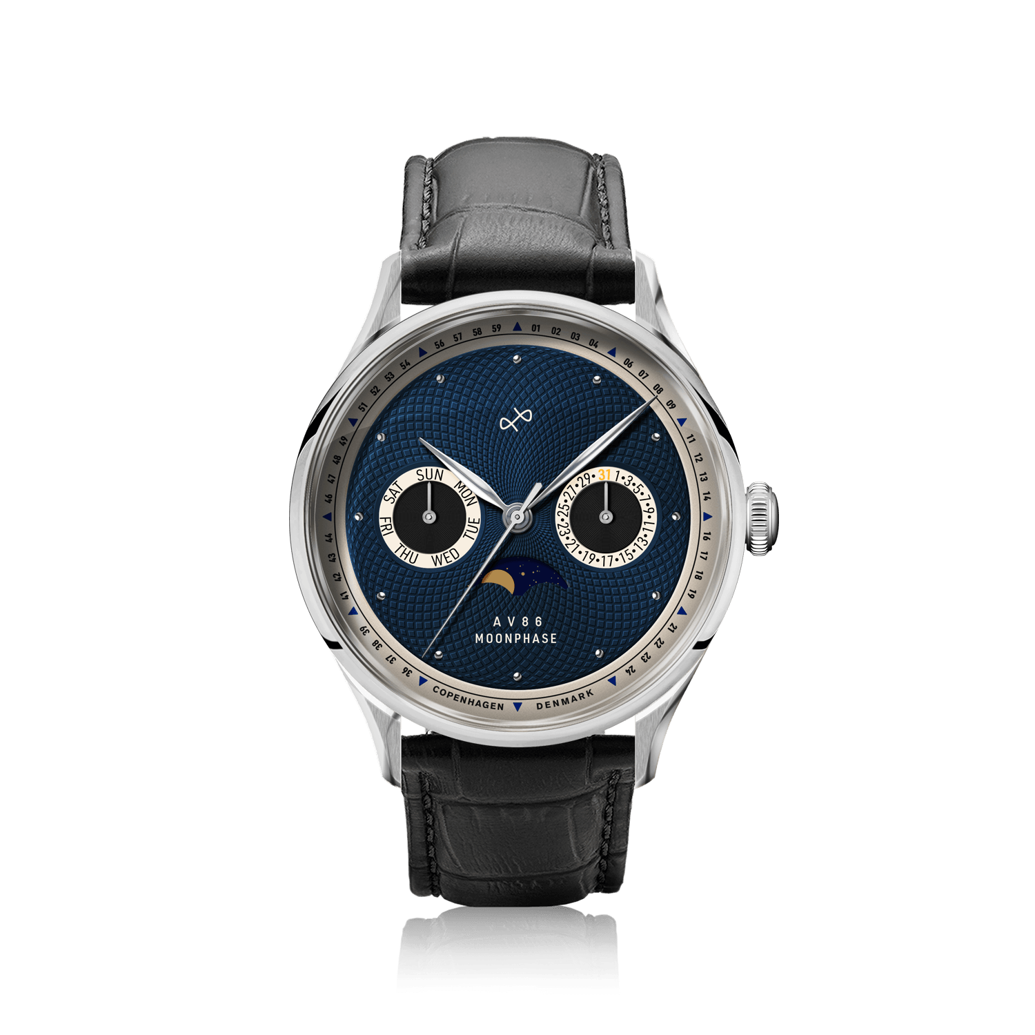 1968 Moonphase by AV86 with sapphire crystal, moonphase complication, vintage-inspired dial, and black leather strap