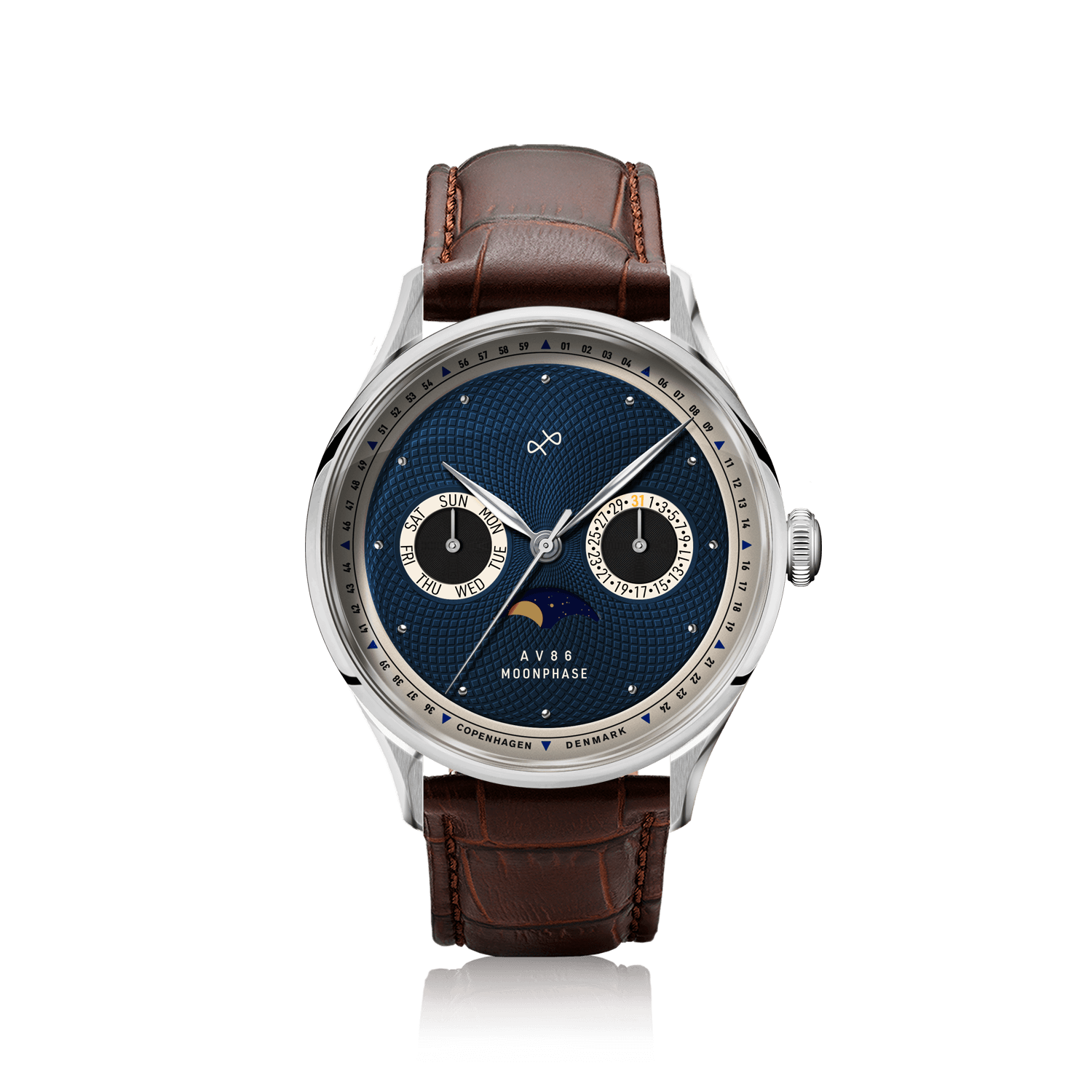 1968 Moonphase by AV86 luxury moonphase watch with sapphire crystal, blue textured dial, and brown leather strap