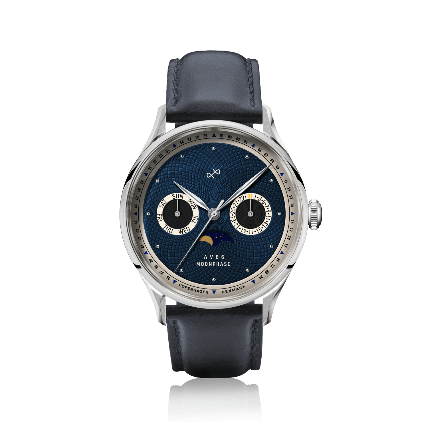 1968 Moonphase by AV86 vintage-inspired moonphase watch with sapphire crystal, moonphase dial, and dark leather strap