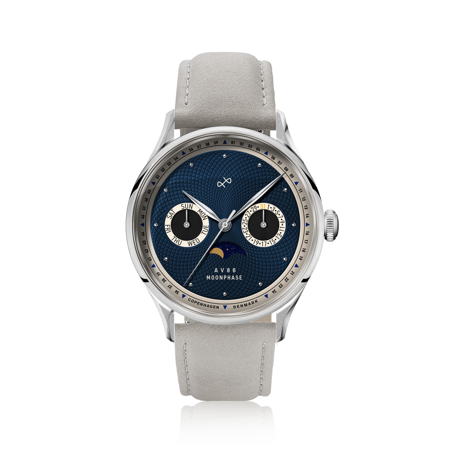 1968 Moonphase by AV86 luxury moonphase watch with sapphire crystal, textured dial, and light leather strap, Scandinavian design