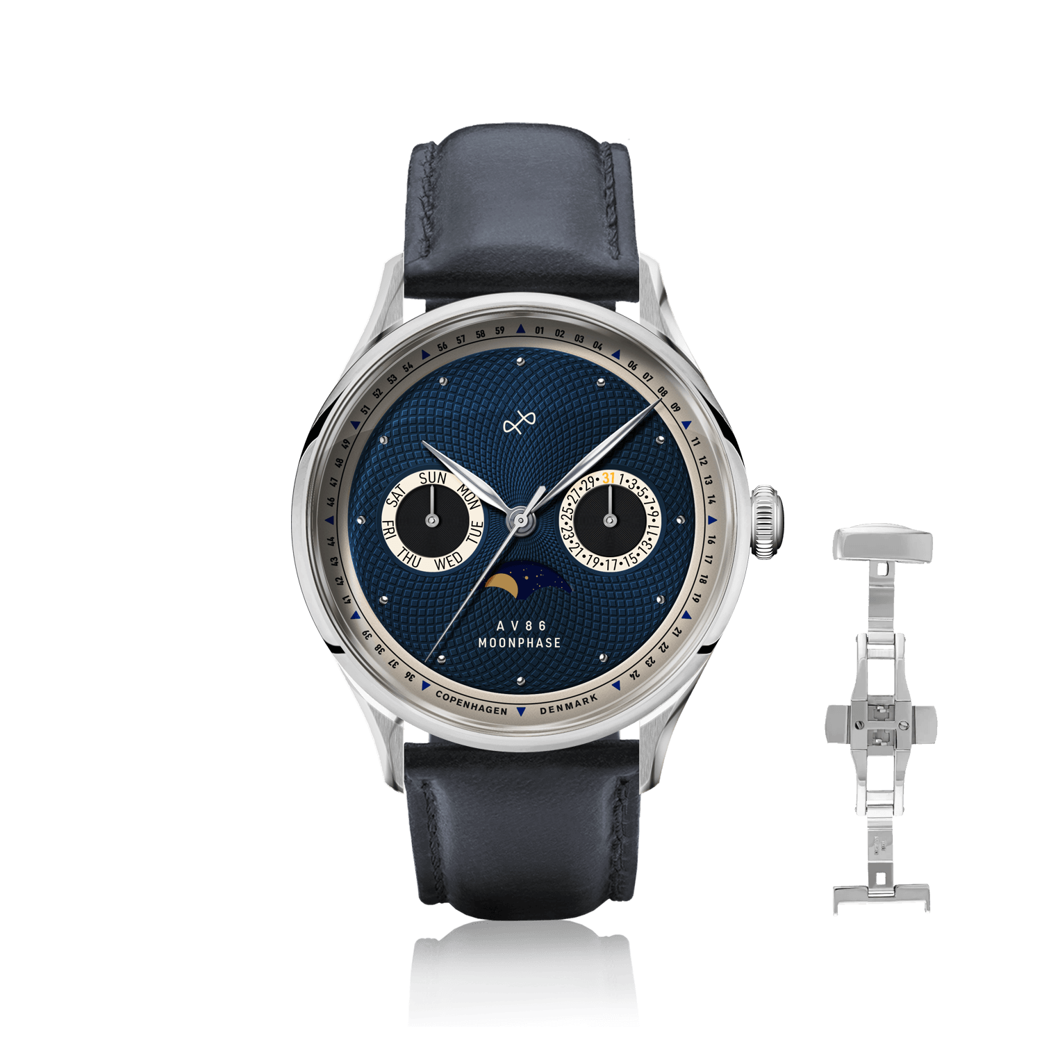 1968 Moonphase by AV86 luxury moonphase watch with sapphire crystal, textured dial, and black leather strap