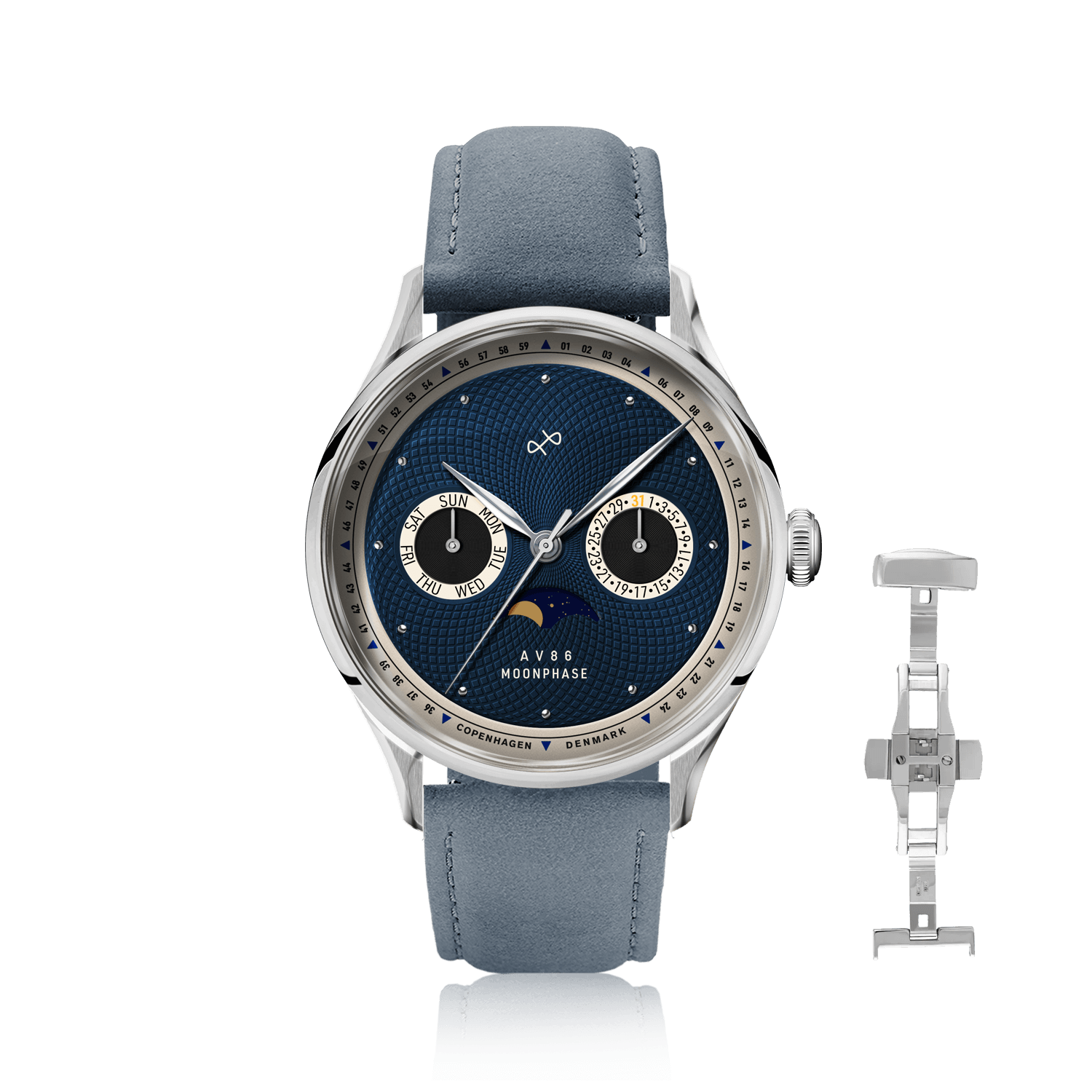 1968 Moonphase by AV86 luxury moonphase watch with sapphire crystal, vintage-inspired dial and blue leather strap