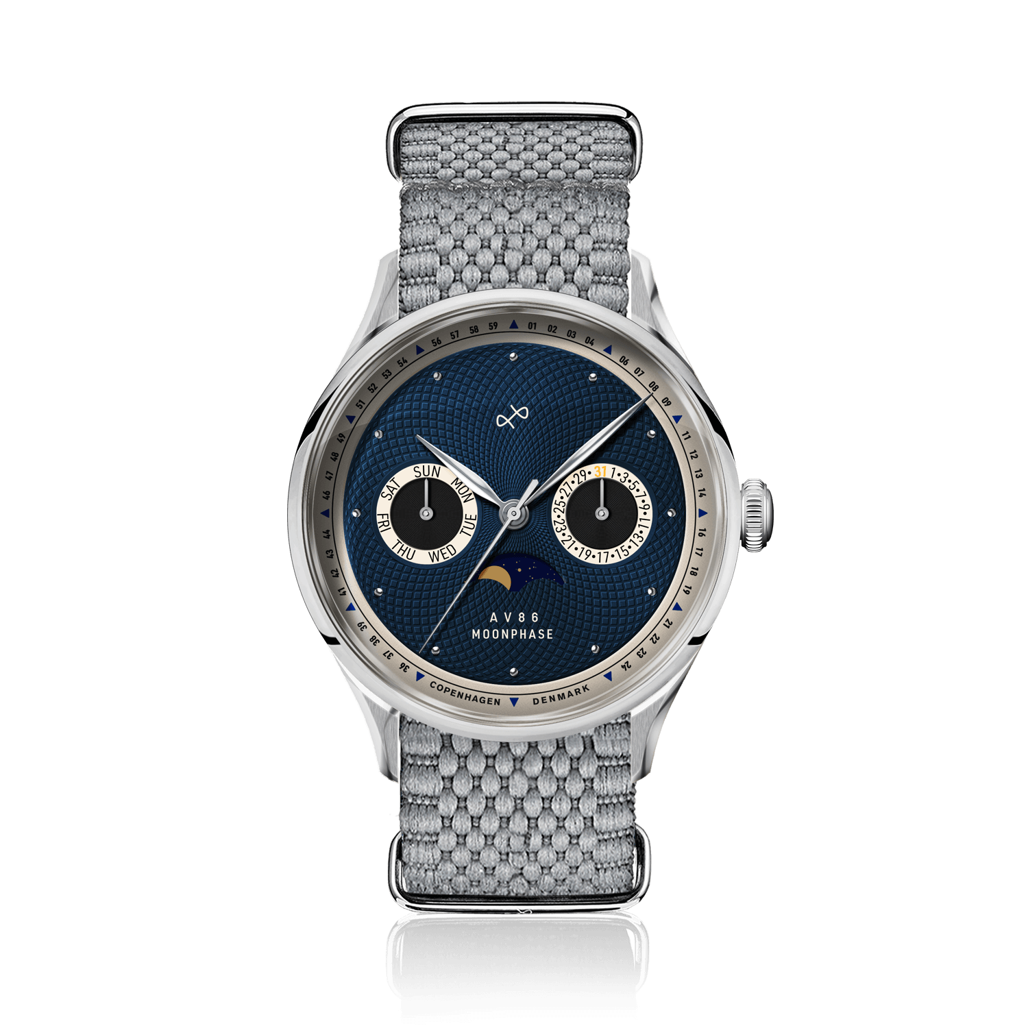 1968 Moonphase by AV86 luxury moonphase watch with sapphire crystal, textured blue dial, stainless steel case, and gray woven fabric strap