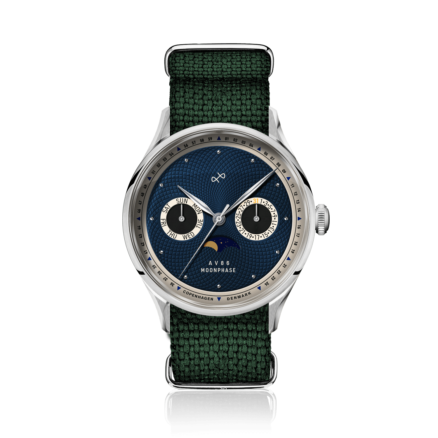 1968 Moonphase by AV86 luxury moonphase watch with sapphire crystal, textured dial, and green fabric strap