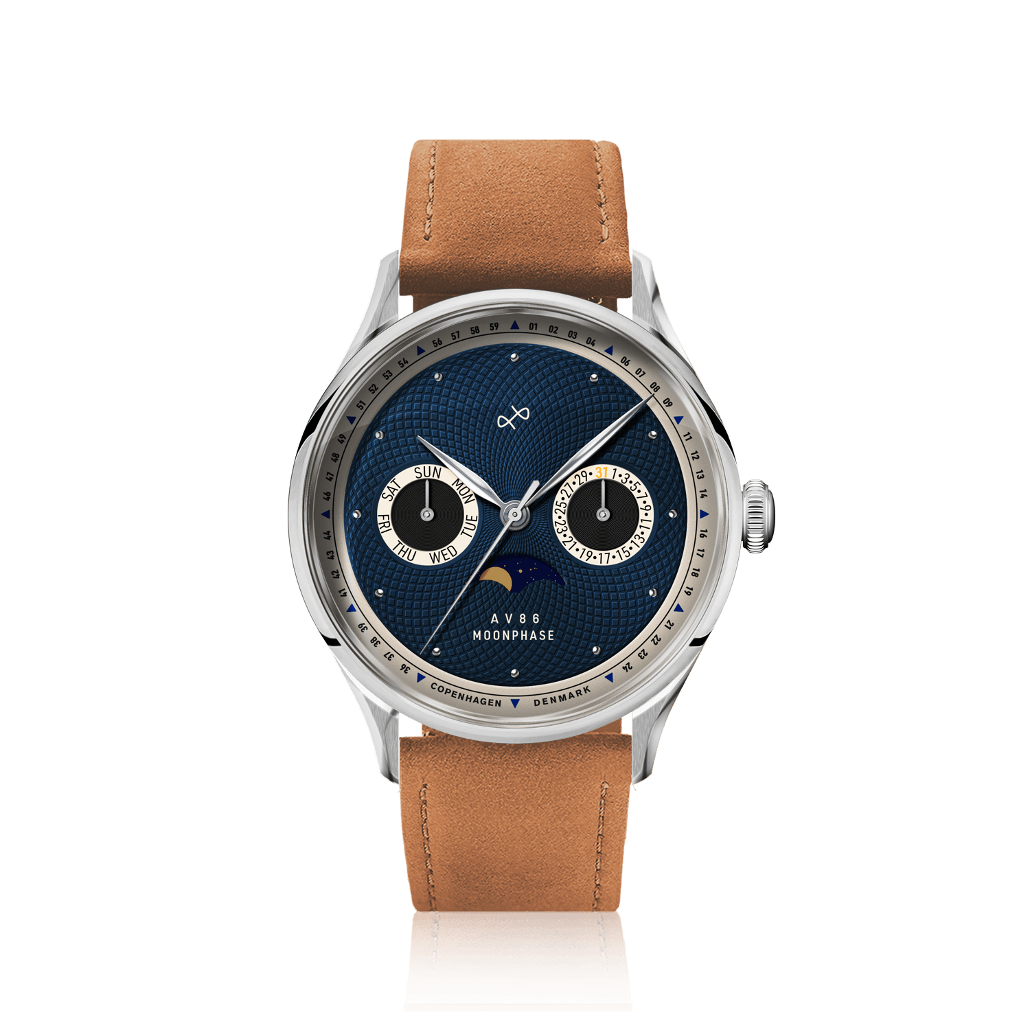 1968 Moonphase by AV86 with vintage-inspired dial, moonphase complication, sapphire crystal, and tan leather strap
