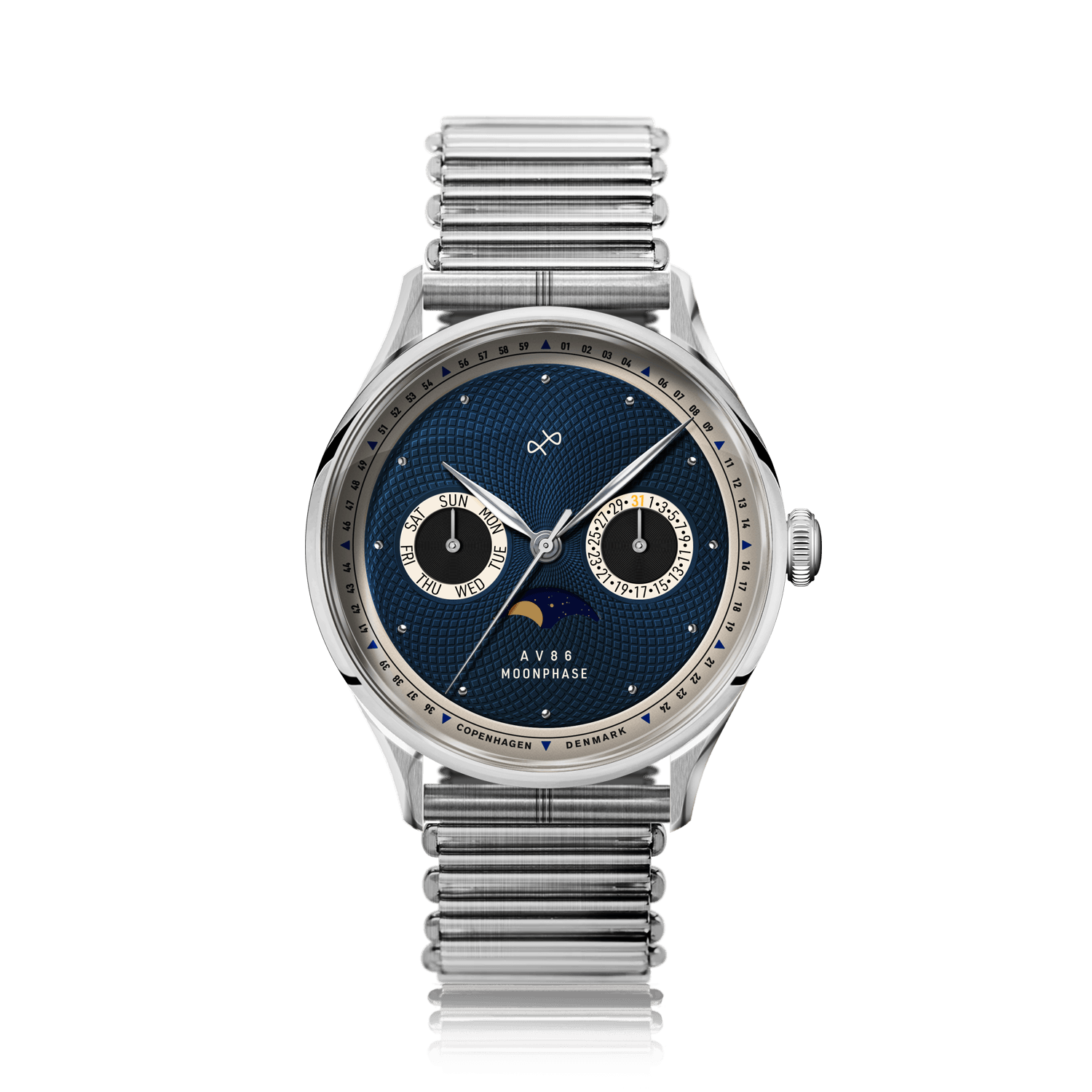 1968 Moonphase by AV86 luxury Moonphase watch with sapphire crystal, textured blue dial, and polished metal bracelet strap