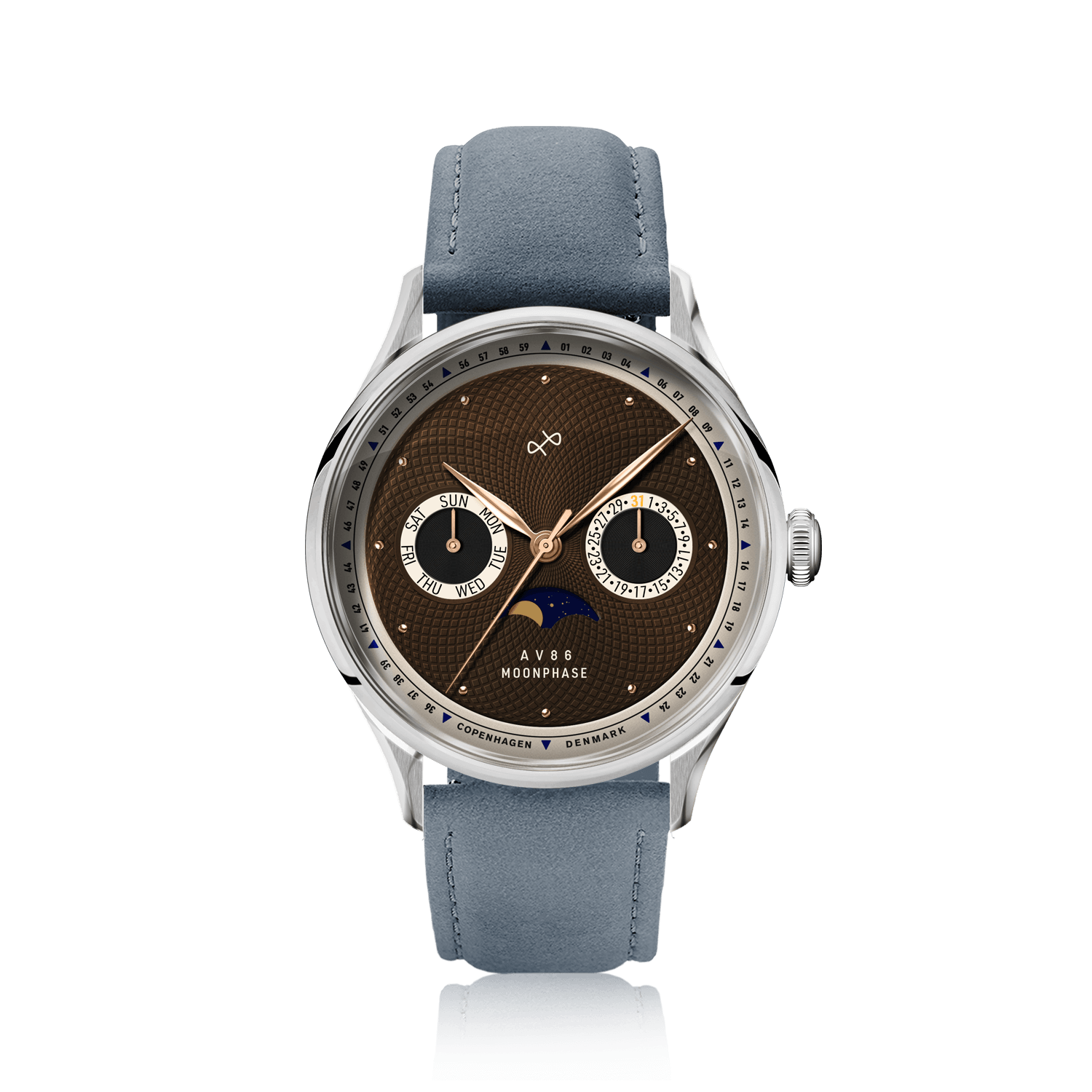 1968 Moonphase by AV86 luxury moonphase watch with sapphire crystal, vintage-inspired dial, and textured leather strap