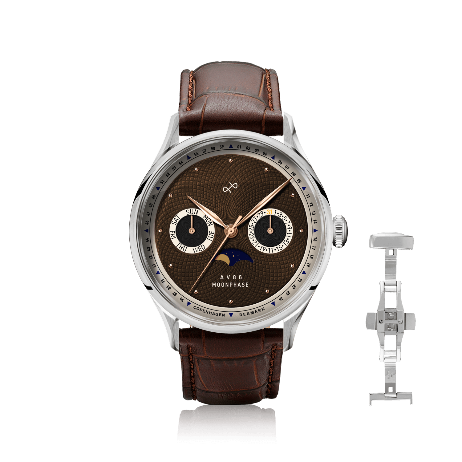 1968 Moonphase by AV86 vintage-inspired Moonphase watch with sapphire crystal, textured dial, and brown leather strap
