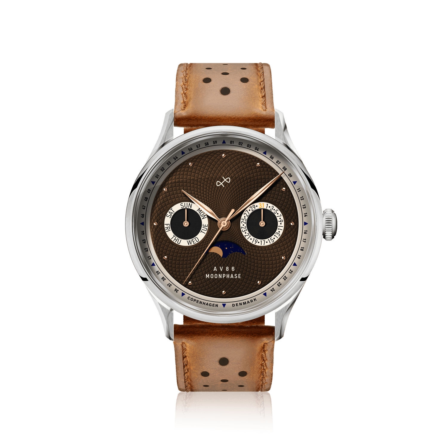 1968 Moonphase by AV86 vintage-inspired moonphase watch with sapphire crystal, steel case, and brown leather strap