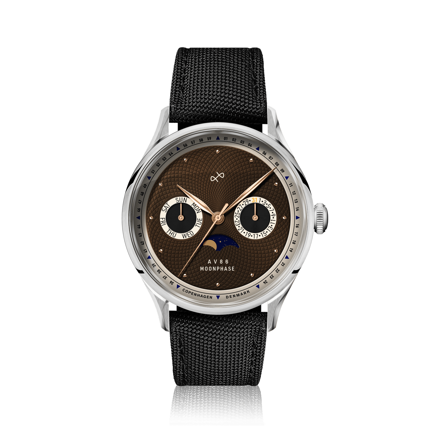 1968 Moonphase by AV86 luxury moonphase watch with textured dial, sapphire crystal, and black fabric strap