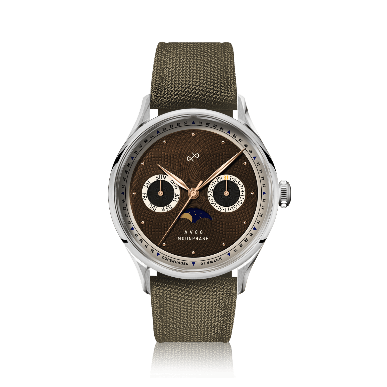 1968 Moonphase by AV86 vintage-inspired moonphase watch with sapphire crystal, textured dial, and green fabric strap