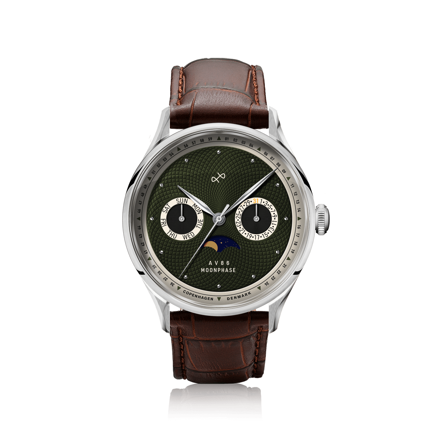 1968 Moonphase by AV86 with vintage-inspired moonphase dial, sapphire crystal, and brown leather strap in minimalist Scandinavian style