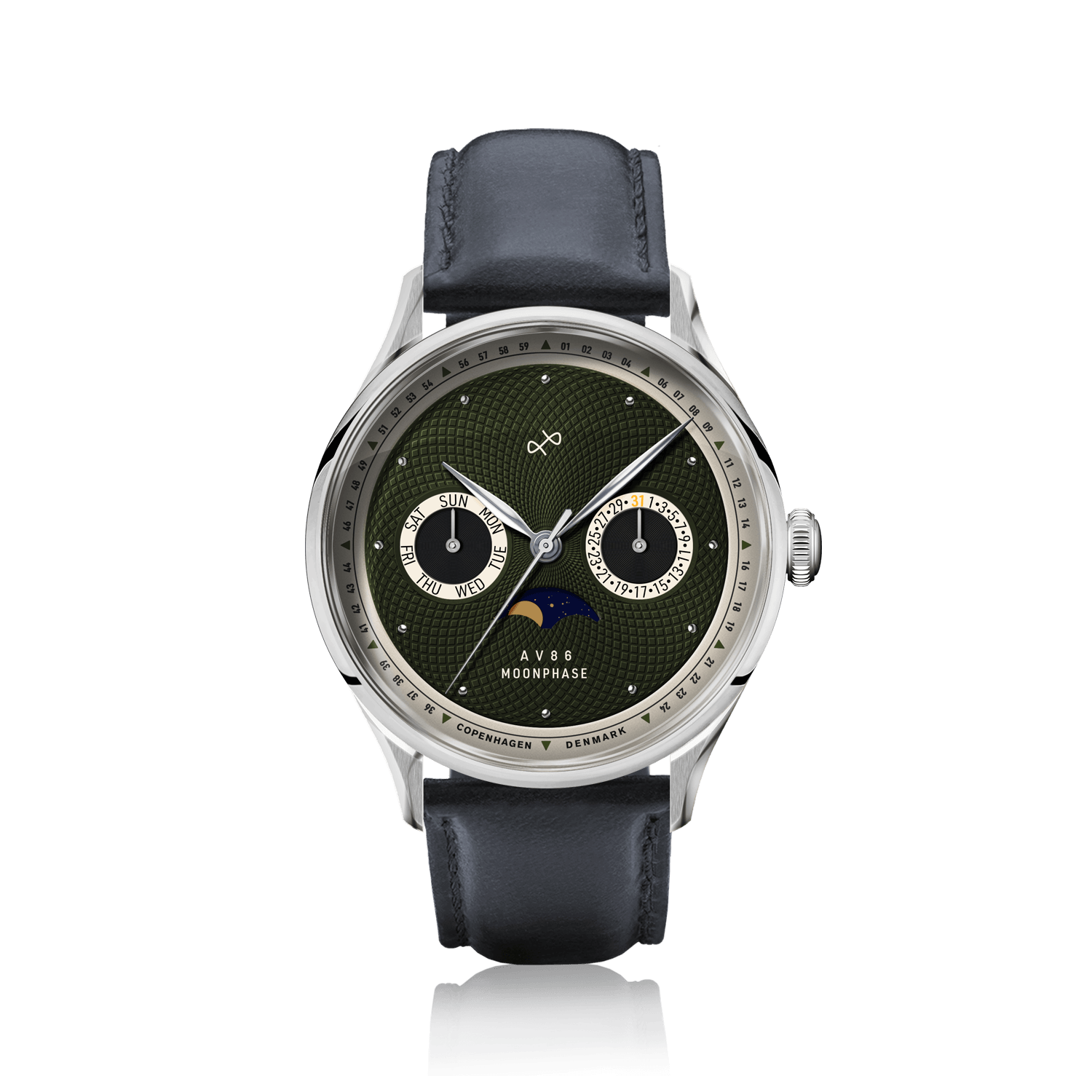 1968 Moonphase by AV86 with vintage-inspired moonphase dial, sapphire crystal, and black leather strap in Danish design style