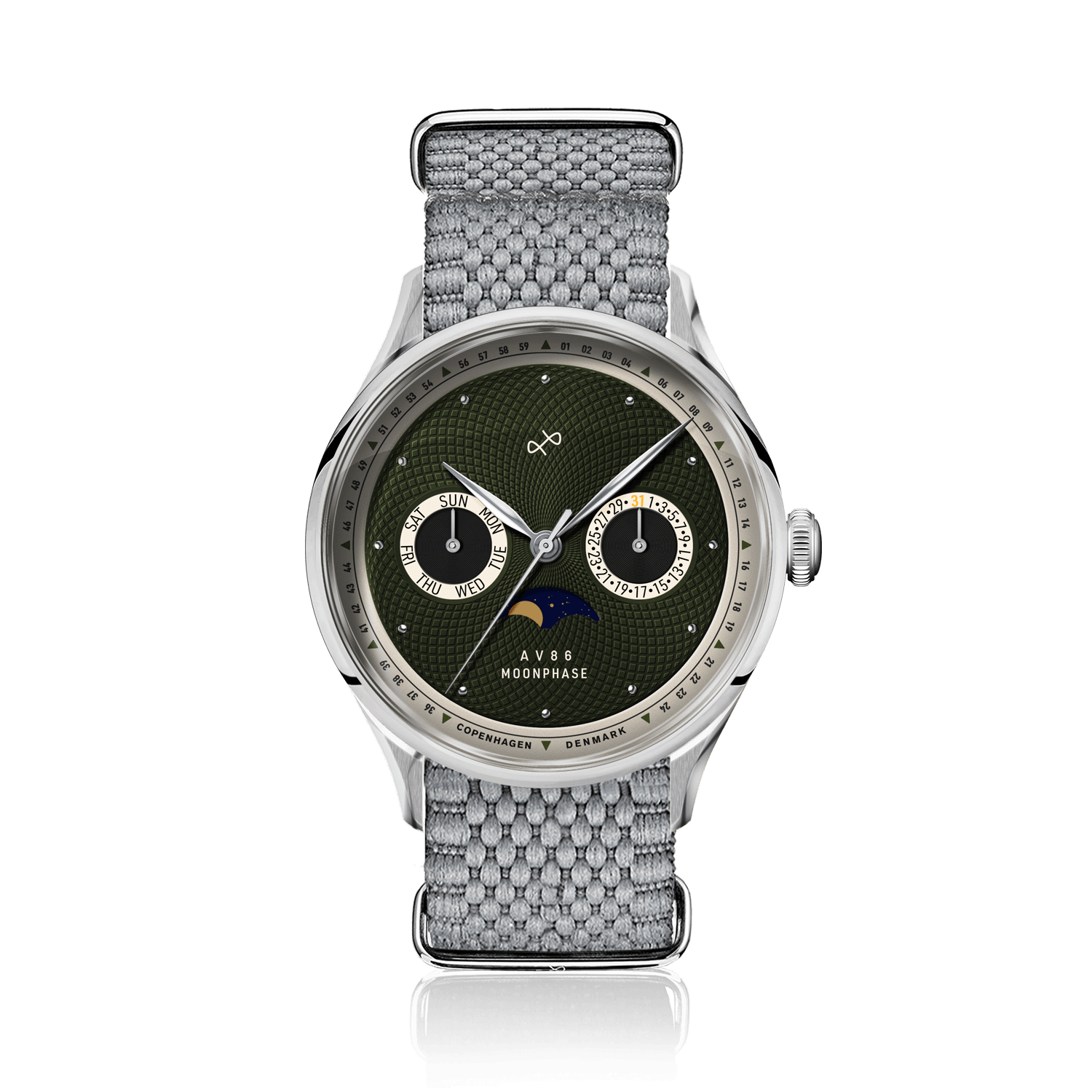 1968 Moonphase by AV86 with vintage-inspired moonphase dial, sapphire crystal, and textured grey fabric strap, Nordic minimalism design