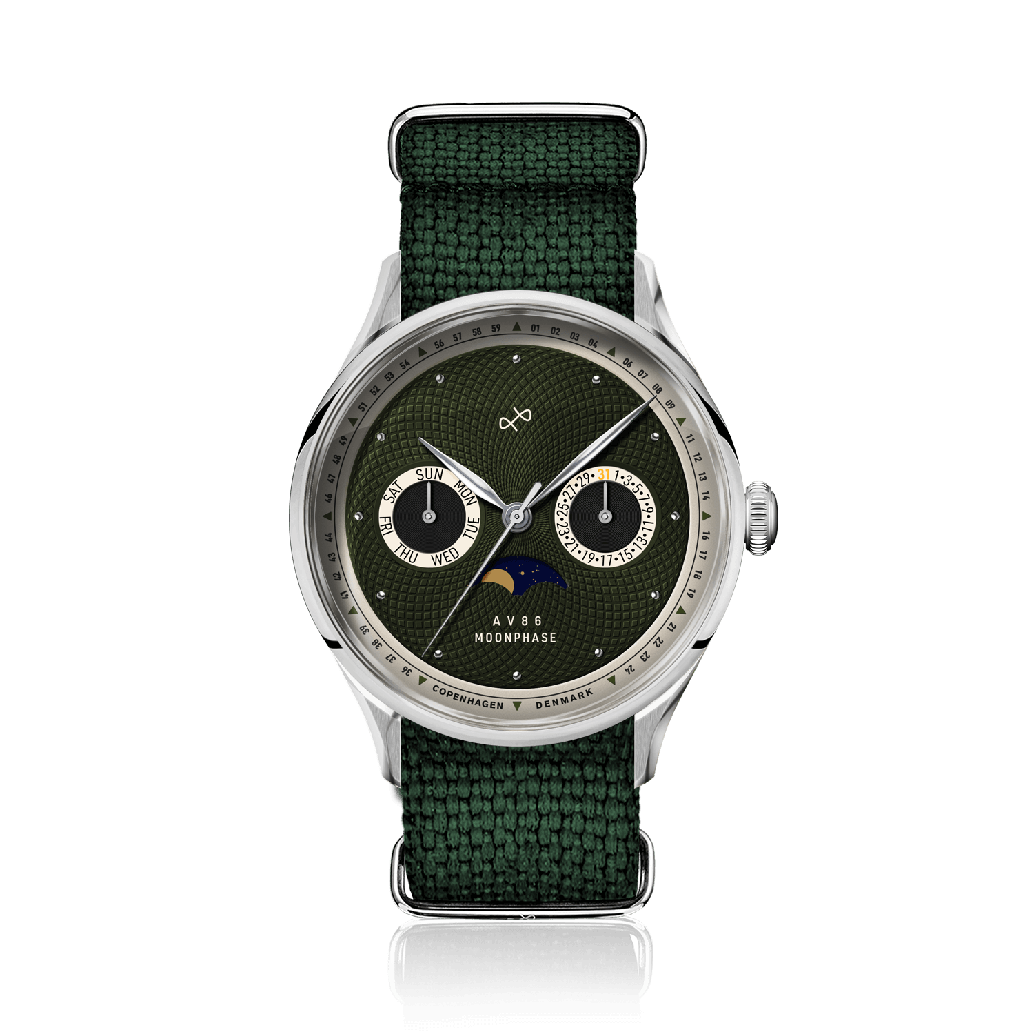 1968 Moonphase by AV86 luxury Moonphase watch with sapphire crystal, textured dial, and green fabric strap reflecting Nordic minimalism