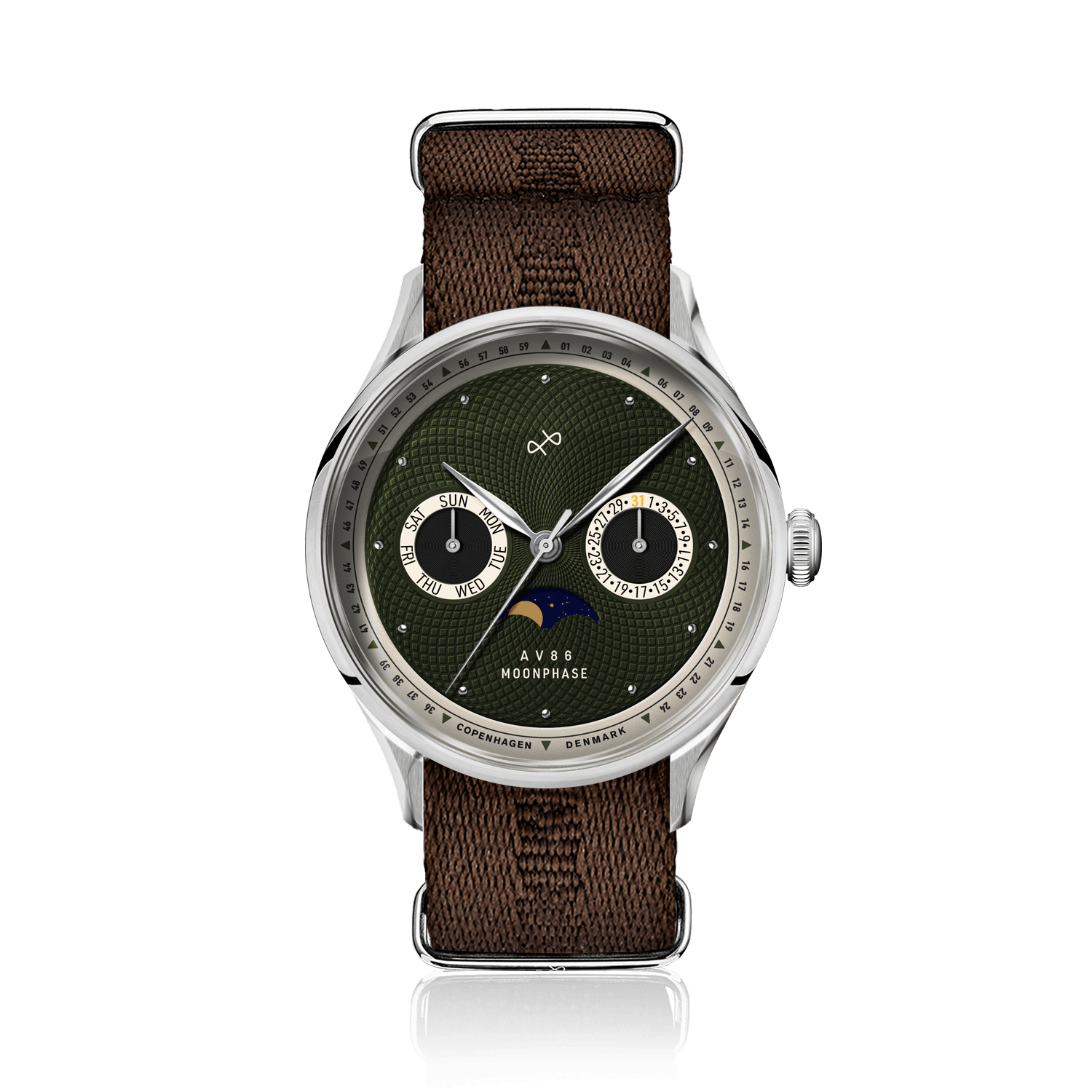 1968 Moonphase by AV86 with vintage-inspired dial, moonphase complication, sapphire crystal, and brown textured fabric strap