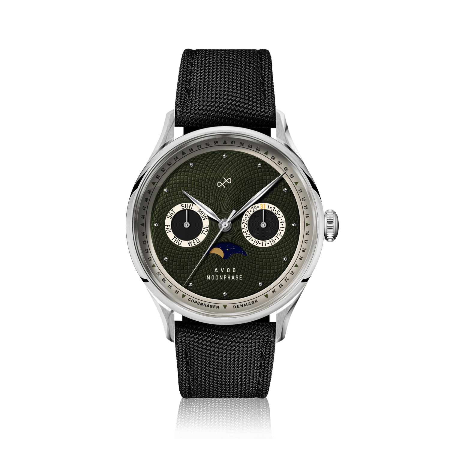 1968 Moonphase by AV86 vintage-inspired moonphase watch with sapphire crystal, textured dial, and black fabric strap