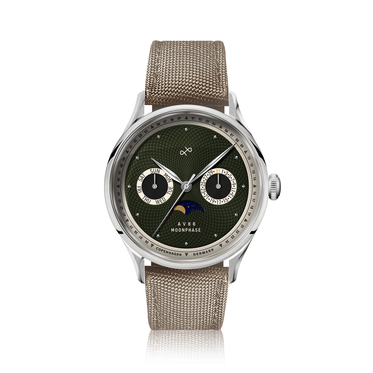 1968 Moonphase by AV86 with vintage-inspired moonphase dial, sapphire crystal, stainless steel case, and beige fabric strap