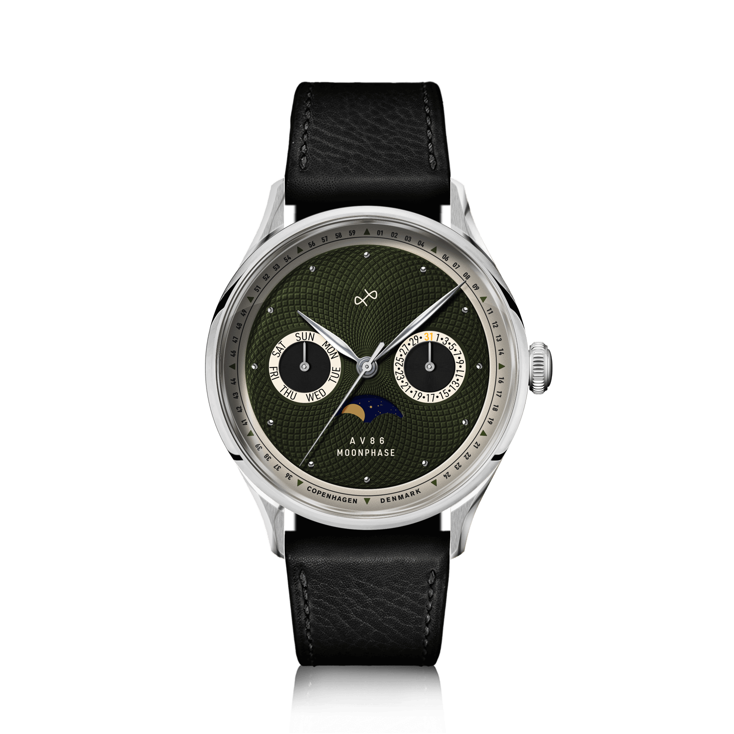 1968 Moonphase by AV86 vintage-inspired moonphase watch with sapphire crystal, textured dial, and black leather strap