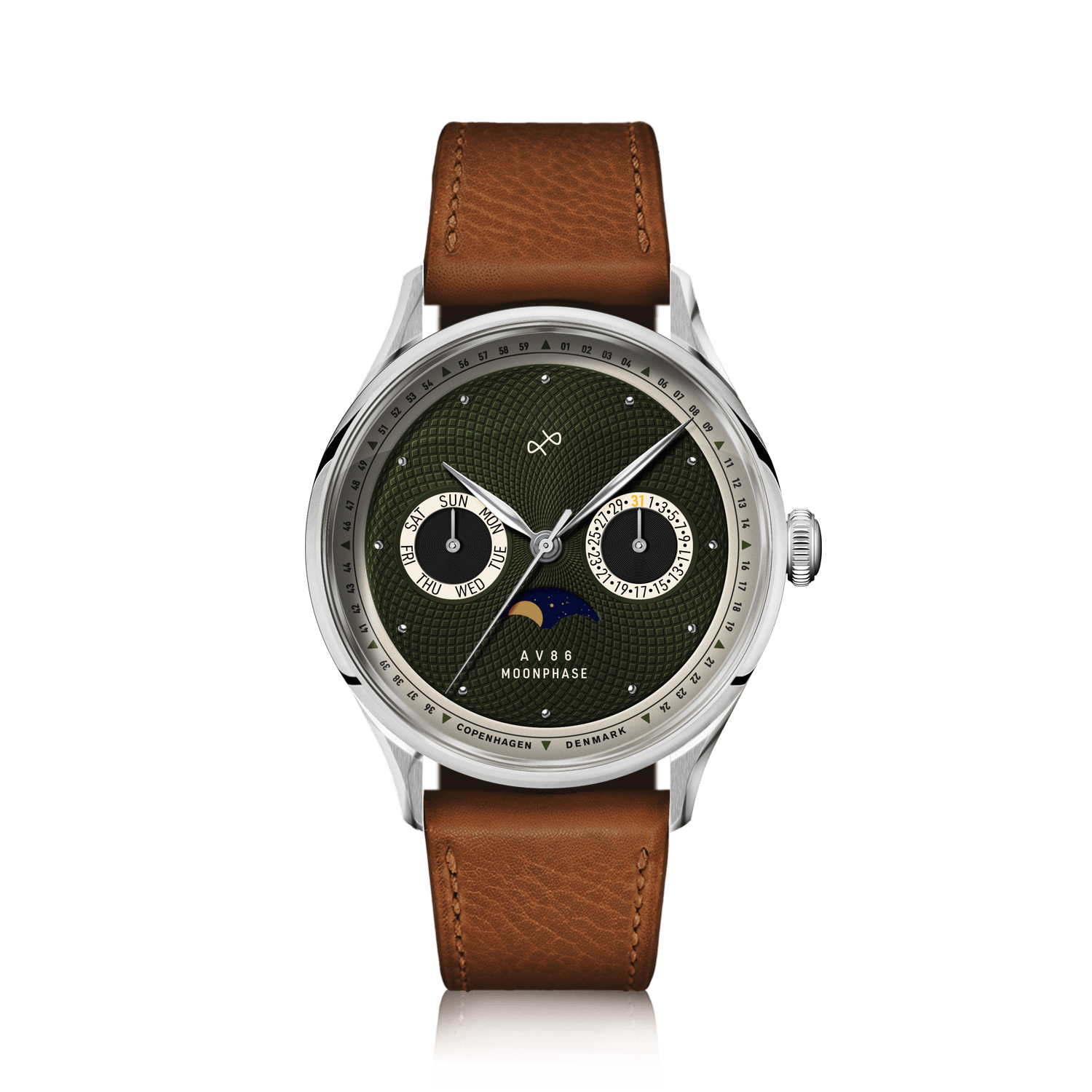 1968 Moonphase by AV86 luxury Moonphase watch with vintage-inspired dial, sapphire crystal, and brown leather strap