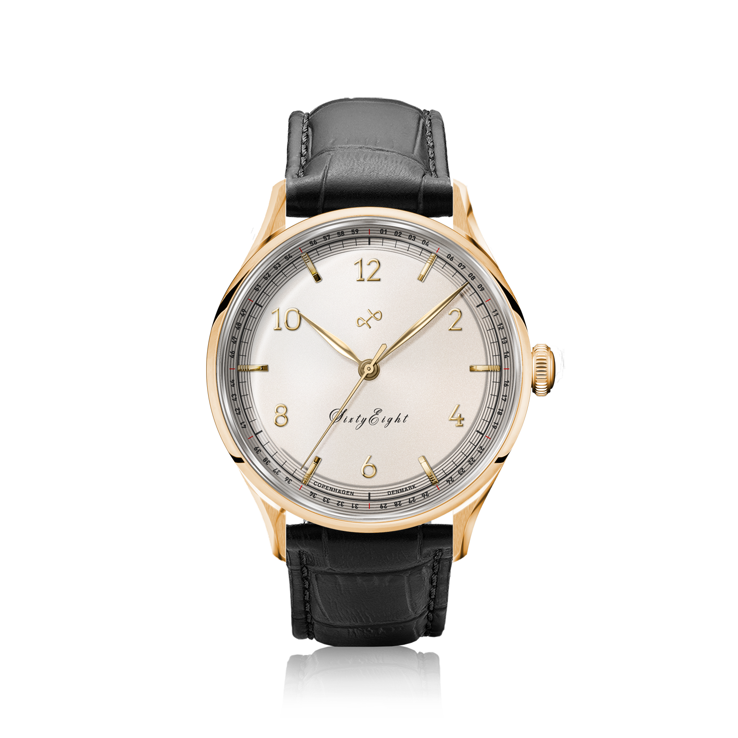 1968 Sixtyeight by AV86 vintage-inspired dress watch with sapphire crystal, gold case, minimalist dial, and black leather strap