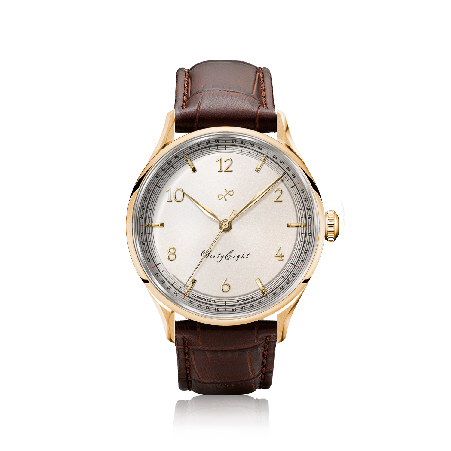 1968 Sixtyeight by AV86 vintage-inspired dress watch with sapphire crystal, gold case, delicate dial, and brown leather strap