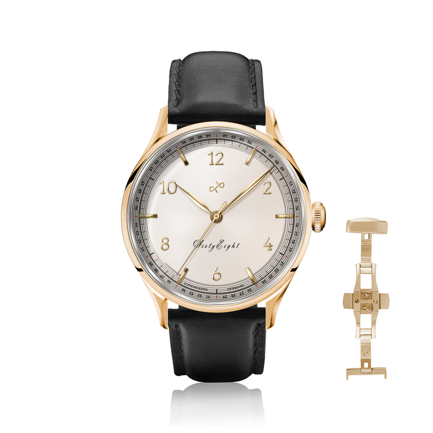 1968 Sixtyeight by AV86 vintage-inspired dress watch with sapphire crystal, gold case, and black leather strap with deployant clasp