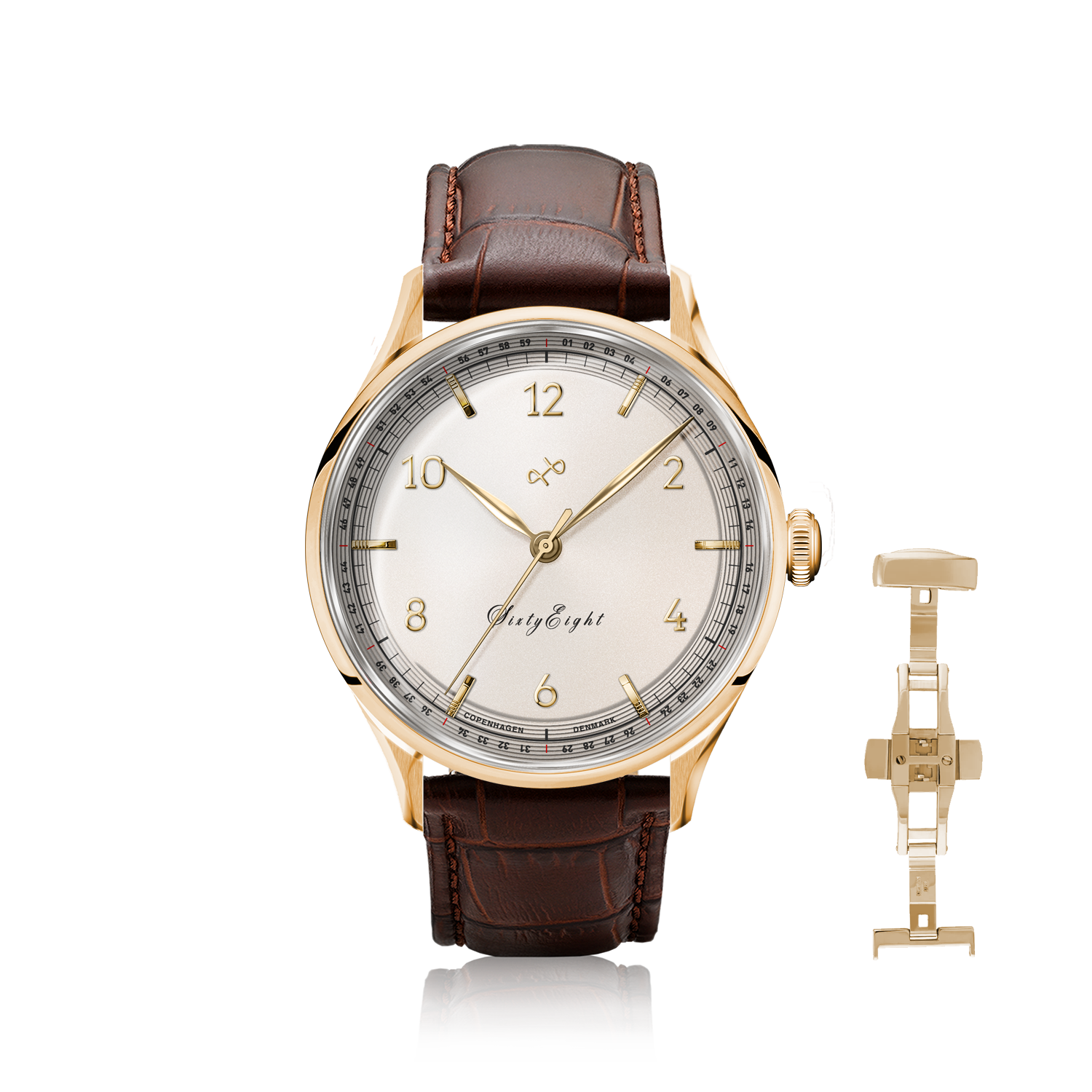 1968 Sixtyeight by AV86 vintage-inspired dress watch with sapphire crystal, gold case, and brown leather strap