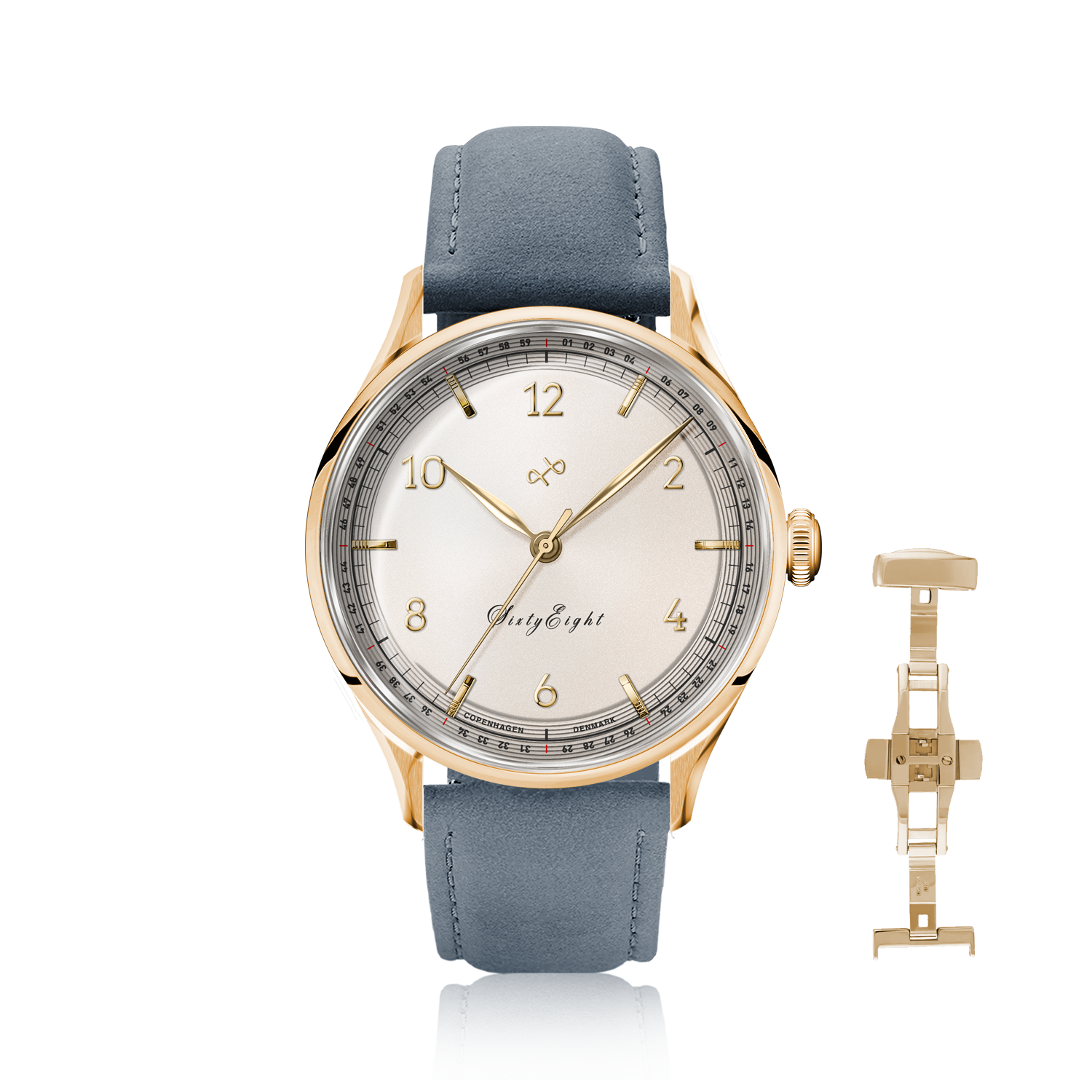 1968 Sixtyeight by AV86 vintage-inspired dress watch with sapphire crystal, gold case, and blue leather strap