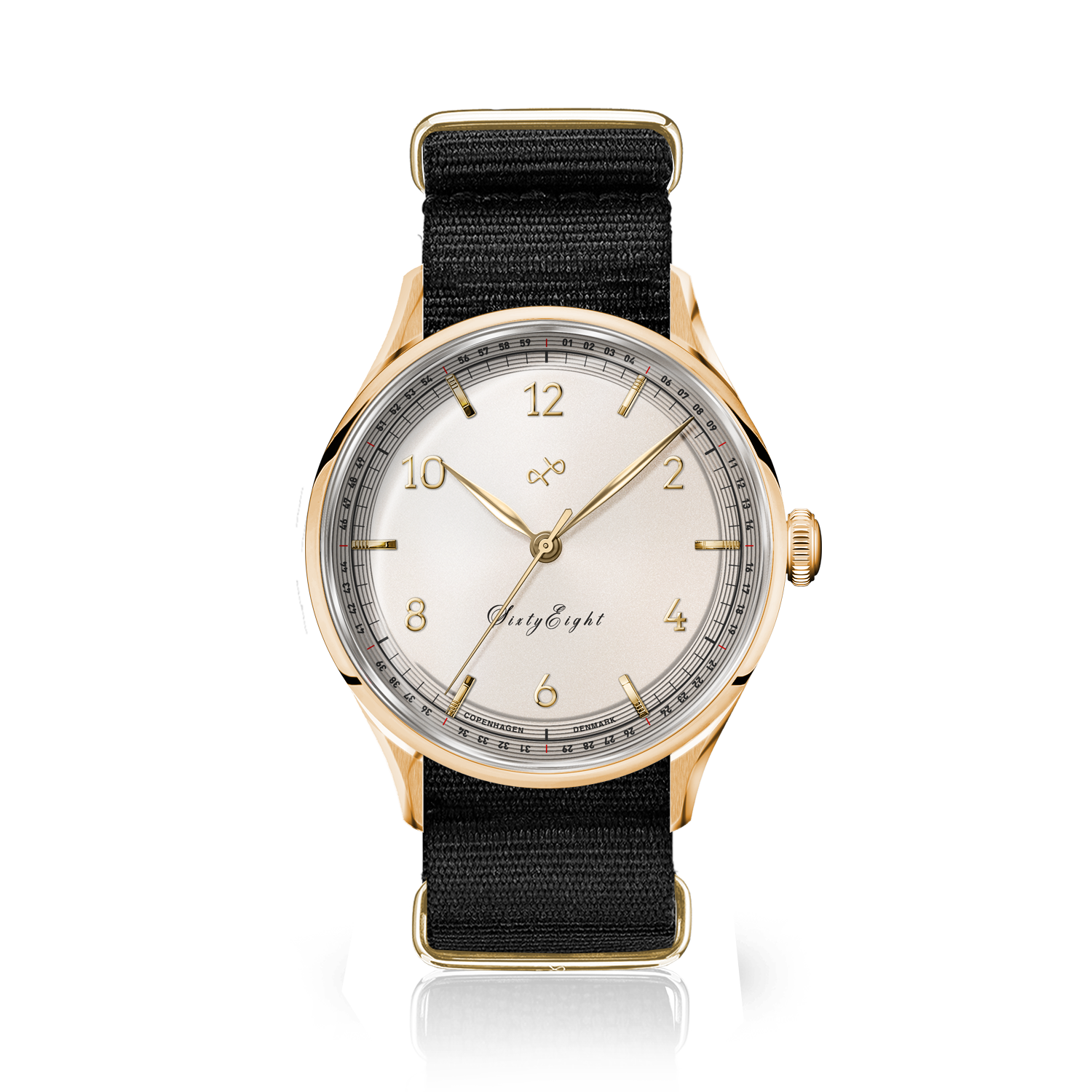 1968 Sixtyeight by AV86 vintage-inspired dress watch with gold case, sapphire crystal, and black fabric strap