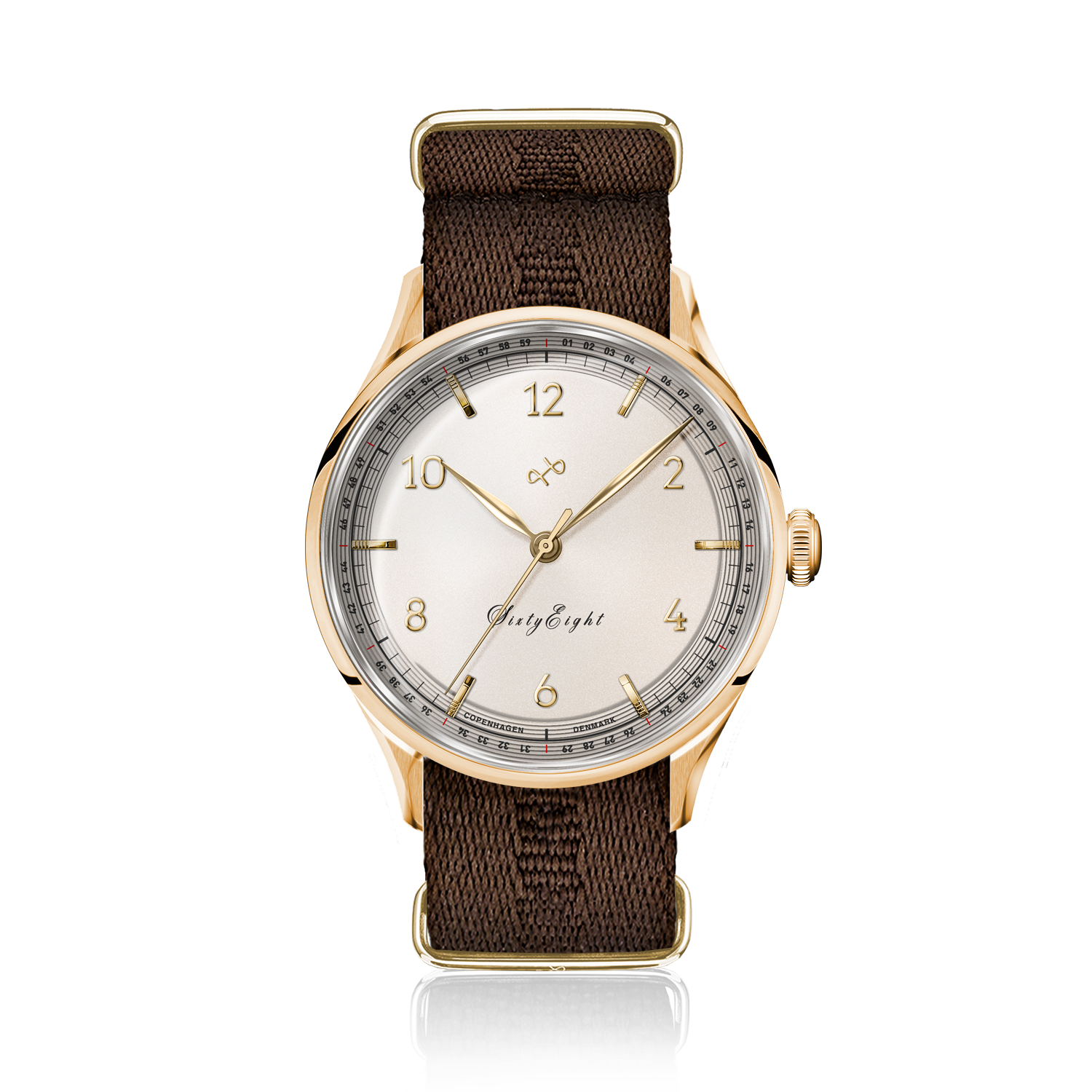 1968 Sixtyeight by AV86 vintage-inspired dress watch with sapphire crystal, gold case, and brown fabric strap