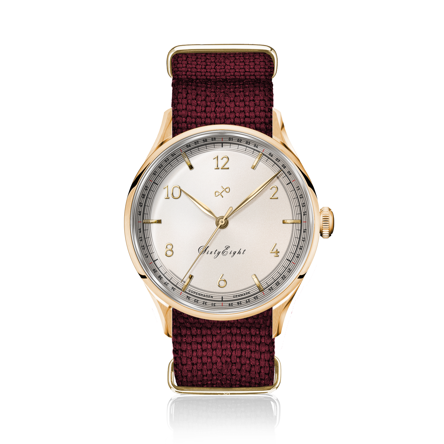 1968 Sixtyeight by AV86 vintage-inspired dress watch with refined dial, gold case, sapphire crystal, and woven fabric strap