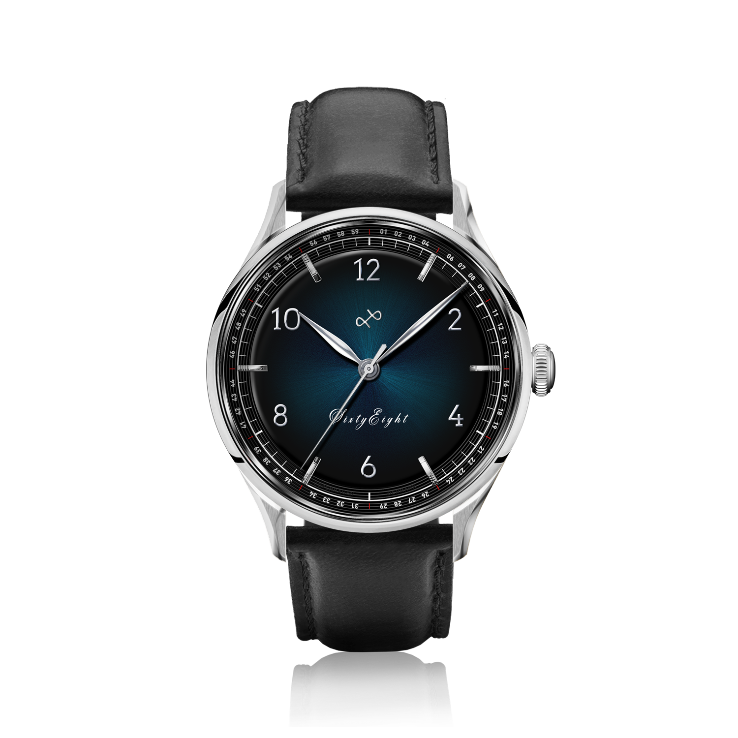 1968 Sixtyeight by AV86 vintage-inspired dress watch with sapphire crystal, blue sunray dial, and black leather strap