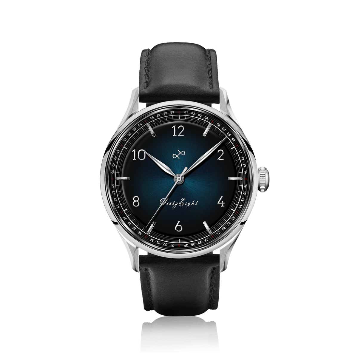 1968 Sixtyeight by AV86 vintage-inspired dress watch with sapphire crystal, blue sunray dial, and black leather strap