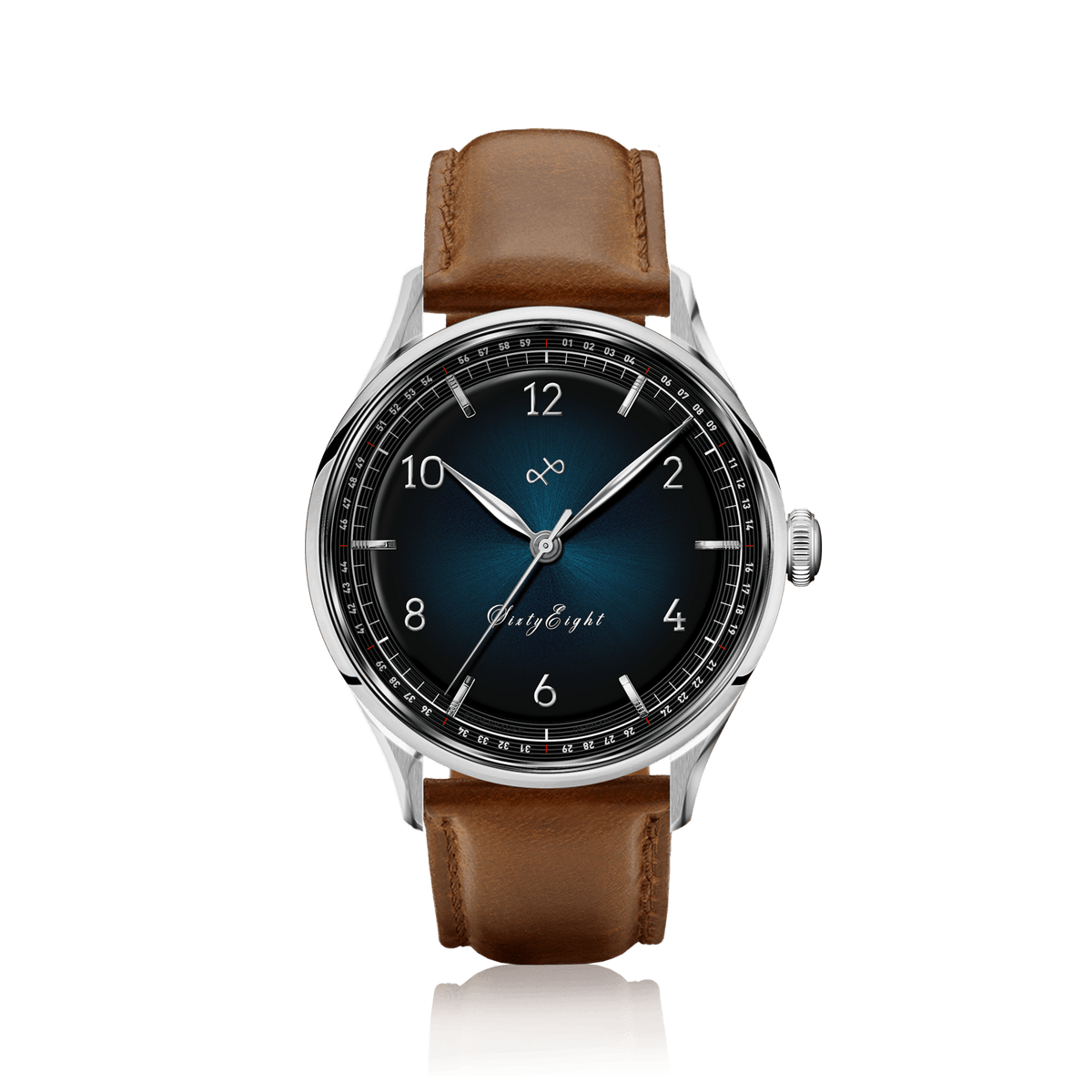 1968 Sixtyeight by AV86 vintage-inspired dress watch with sapphire crystal, sunray dial, and brown leather strap