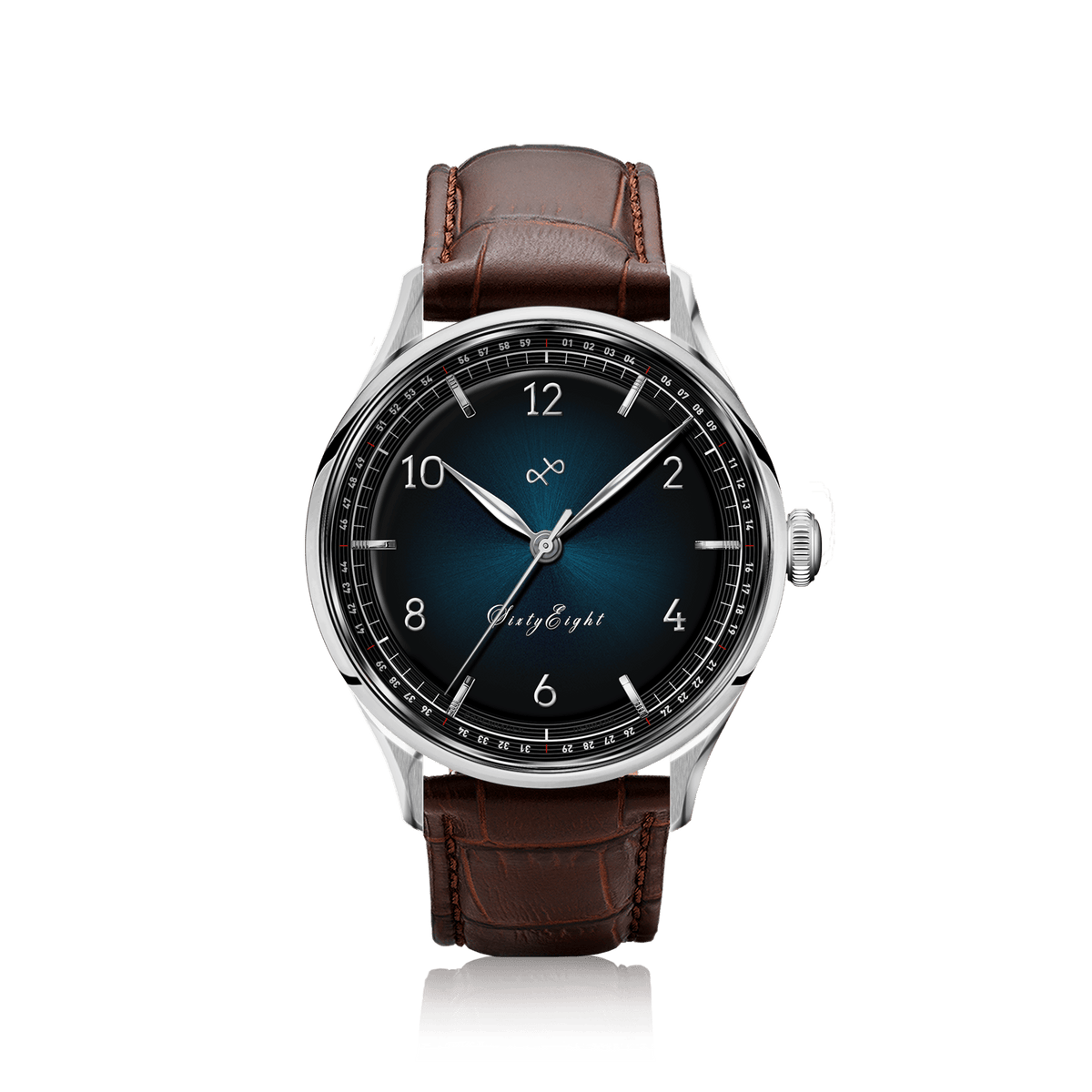 1968 Sixtyeight by AV86 vintage-inspired dress watch with sapphire crystal, elegant sunray dial, and brown leather strap
