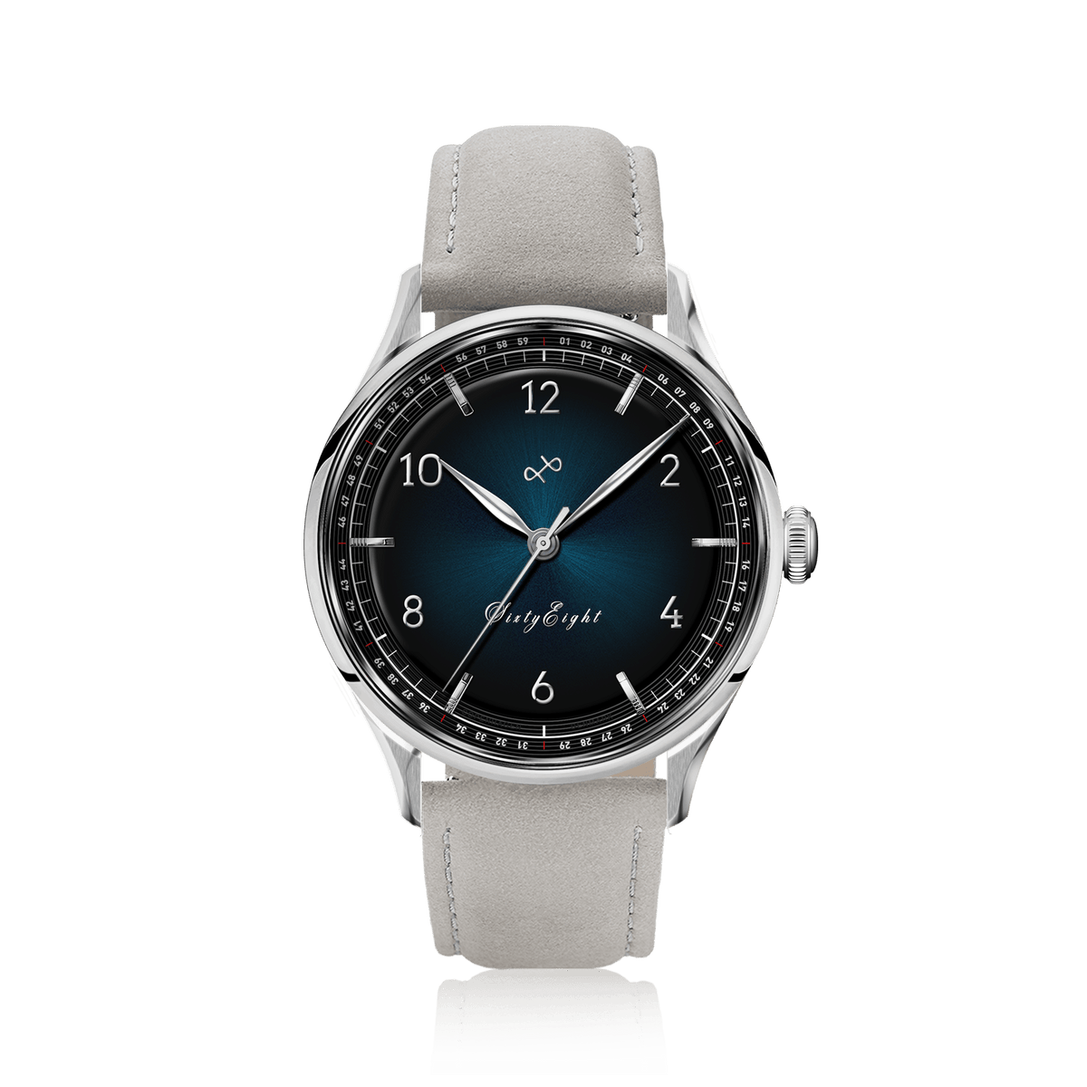 1968 Sixtyeight by AV86 vintage-inspired dress watch with blue sunray dial, sapphire crystal, and light leather strap