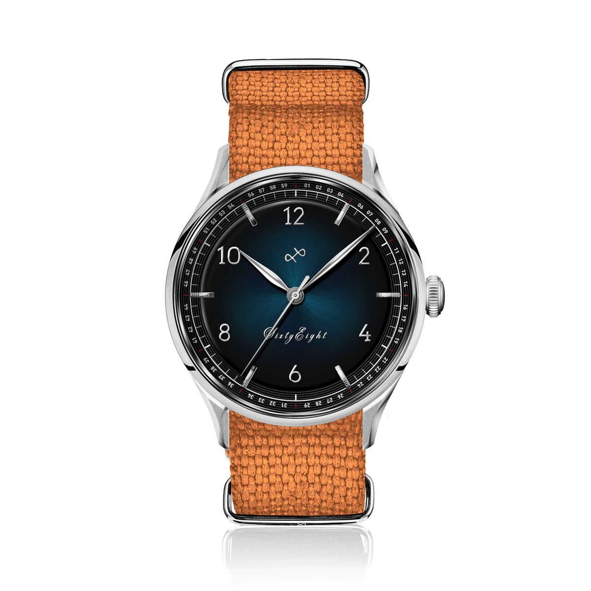 1968 Sixtyeight by AV86 vintage-inspired dress watch with sunray dial, sapphire crystal, stainless steel case, and textured fabric strap