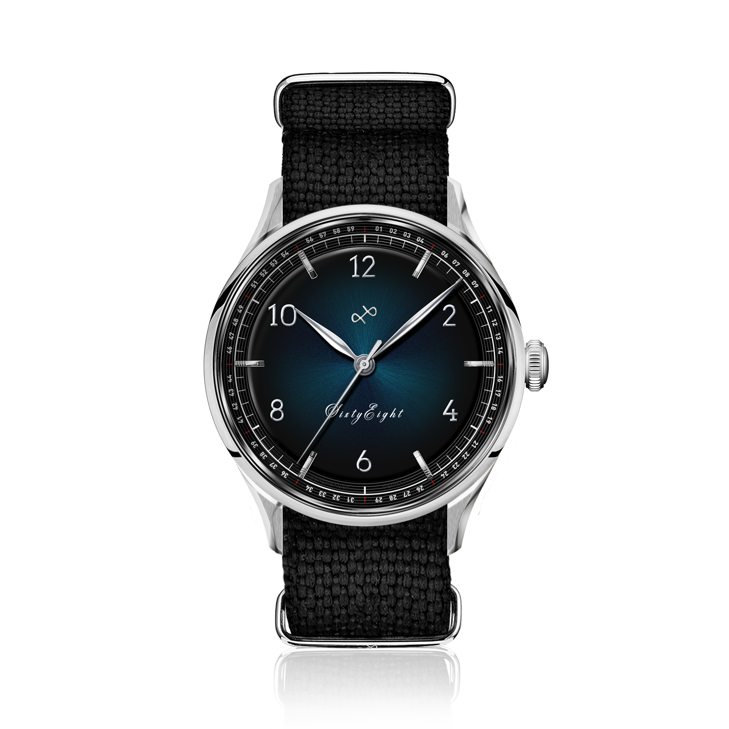 1968 Sixtyeight by AV86 vintage-inspired dress watch with sapphire crystal, sunray dial, and black textured fabric strap
