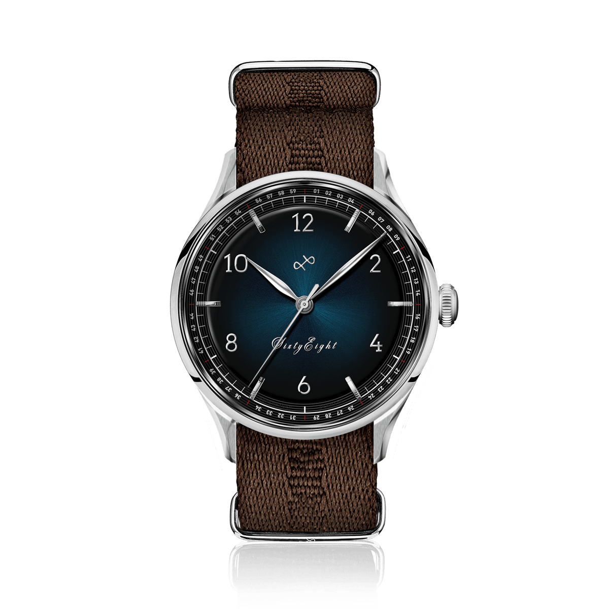 1968 Sixtyeight by AV86 vintage-inspired dress watch with sapphire crystal, sunray dial, and textured fabric strap
