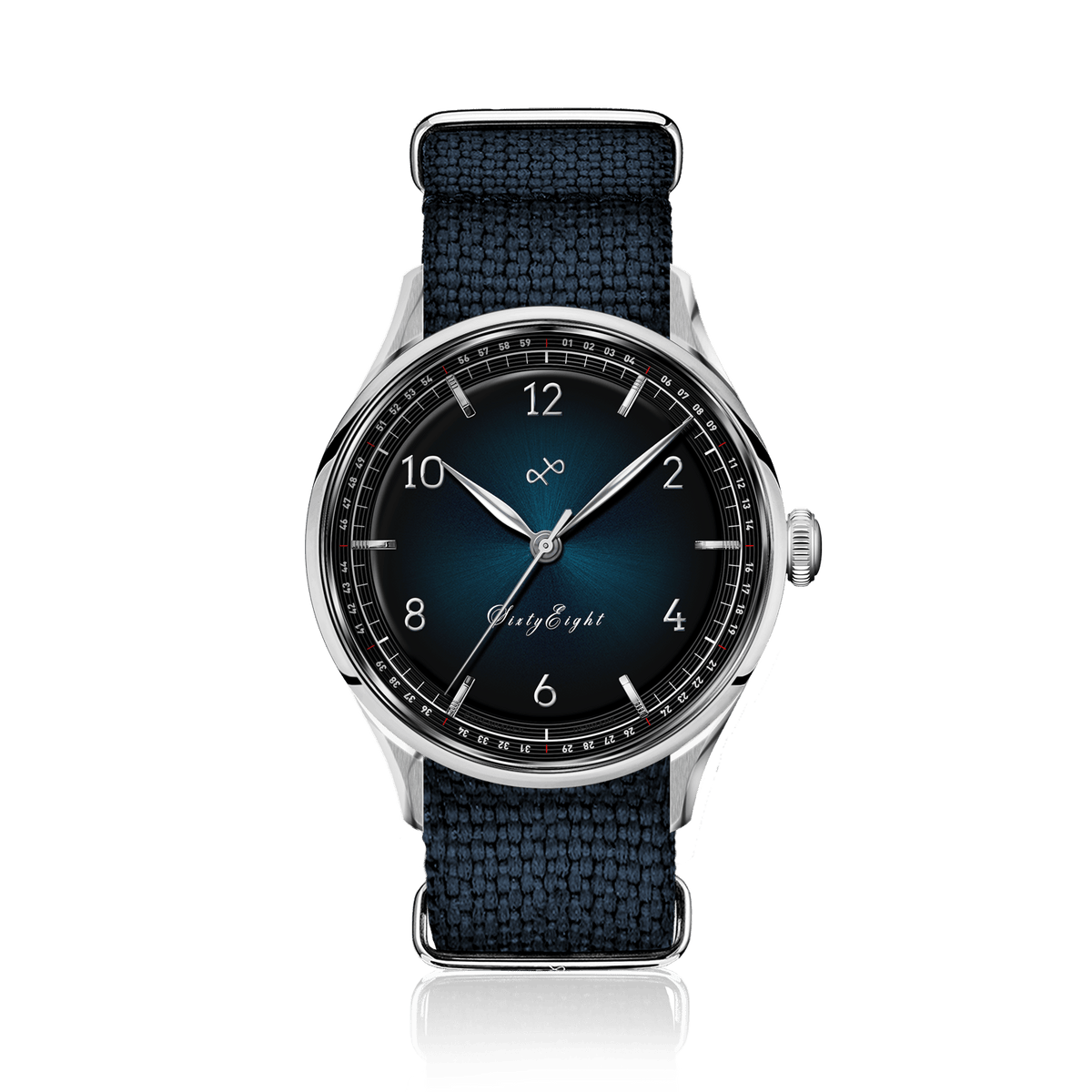 1968 Sixtyeight by AV86 vintage-inspired dress watch with sunray dial, sapphire crystal, and textured fabric strap