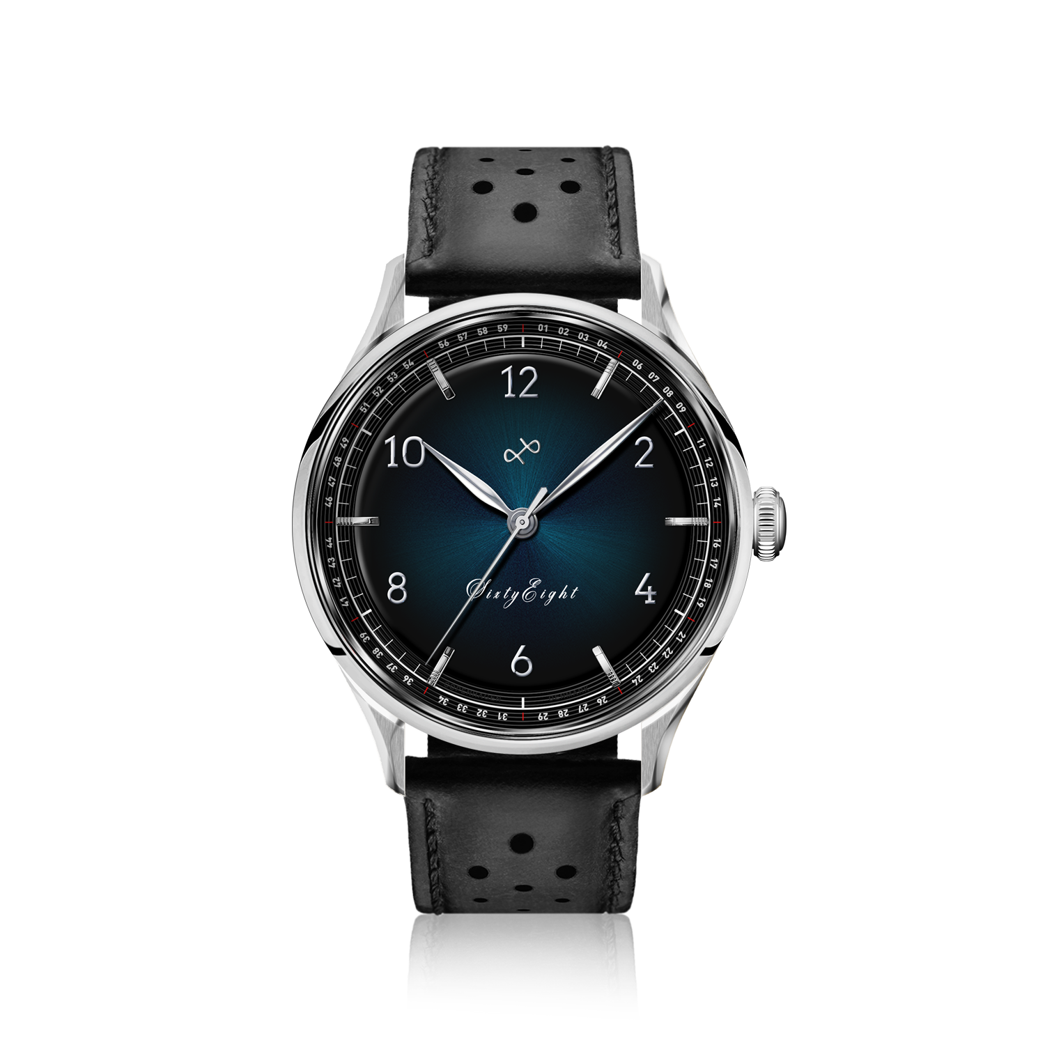 1968 Sixtyeight by AV86 vintage-inspired dress watch with sapphire crystal, blue sunray dial, and perforated black leather strap