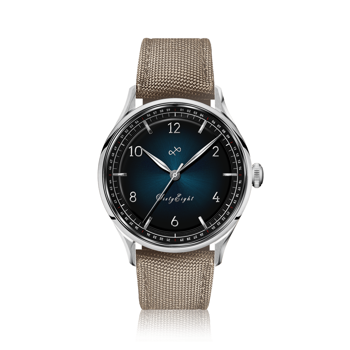 1968 Sixtyeight by AV86 vintage-inspired dress watch with sapphire crystal, blue sunray dial, and woven fabric strap