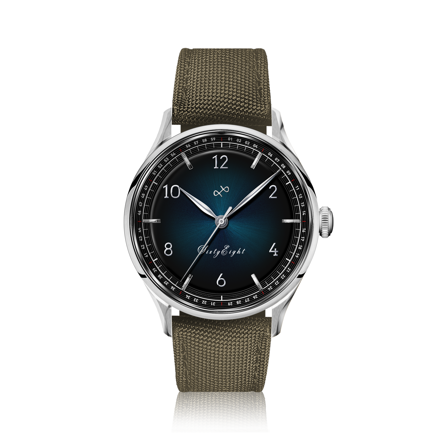 1968 Sixtyeight by AV86 vintage-inspired dress watch with sapphire crystal, blue sunray dial, and textured fabric strap