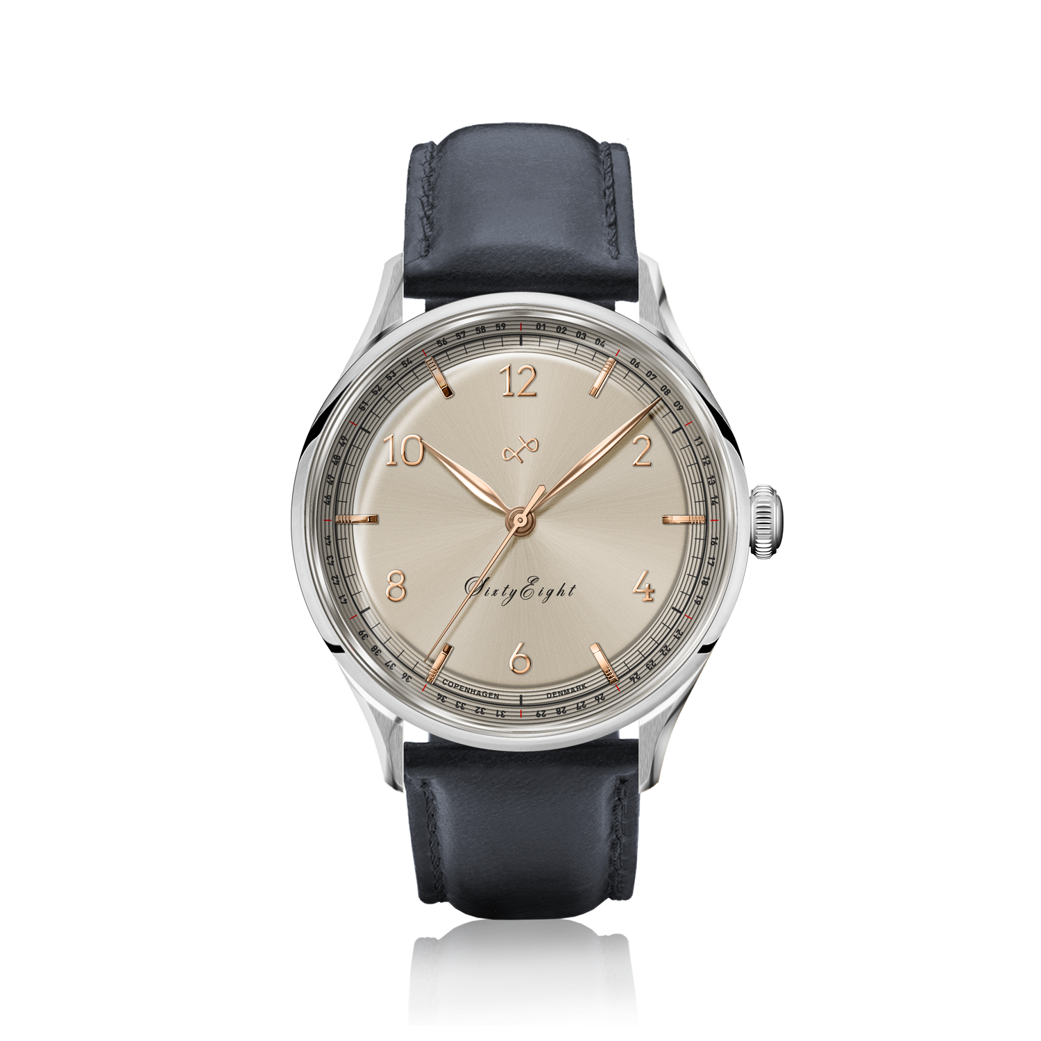 1968 Sixtyeight by AV86 vintage-inspired dress watch with sapphire crystal, minimalist dial, and black leather strap